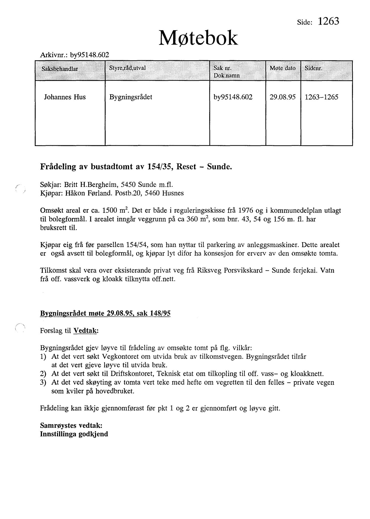 Kvinnherad kommune. Bygningsrådet , IKAH/1224-511/A/Aa/L0093: Møtebok for Kvinnherad bygningsråd, 1995