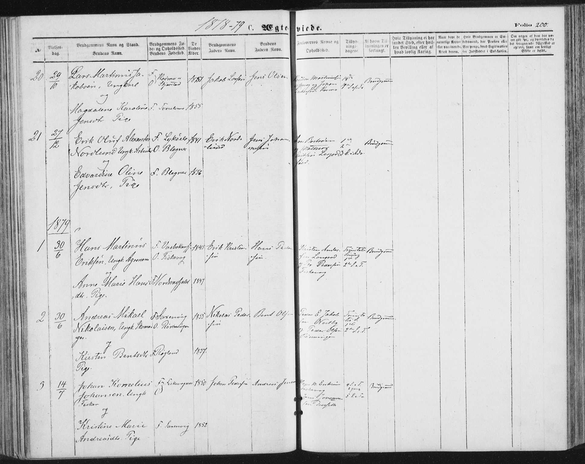 Ministerialprotokoller, klokkerbøker og fødselsregistre - Nordland, SAT/A-1459/847/L0668: Parish register (official) no. 847A08, 1872-1886, p. 200