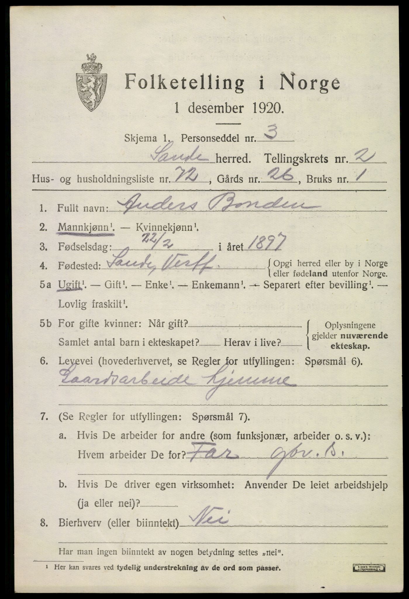 SAKO, 1920 census for Sande, 1920, p. 3212