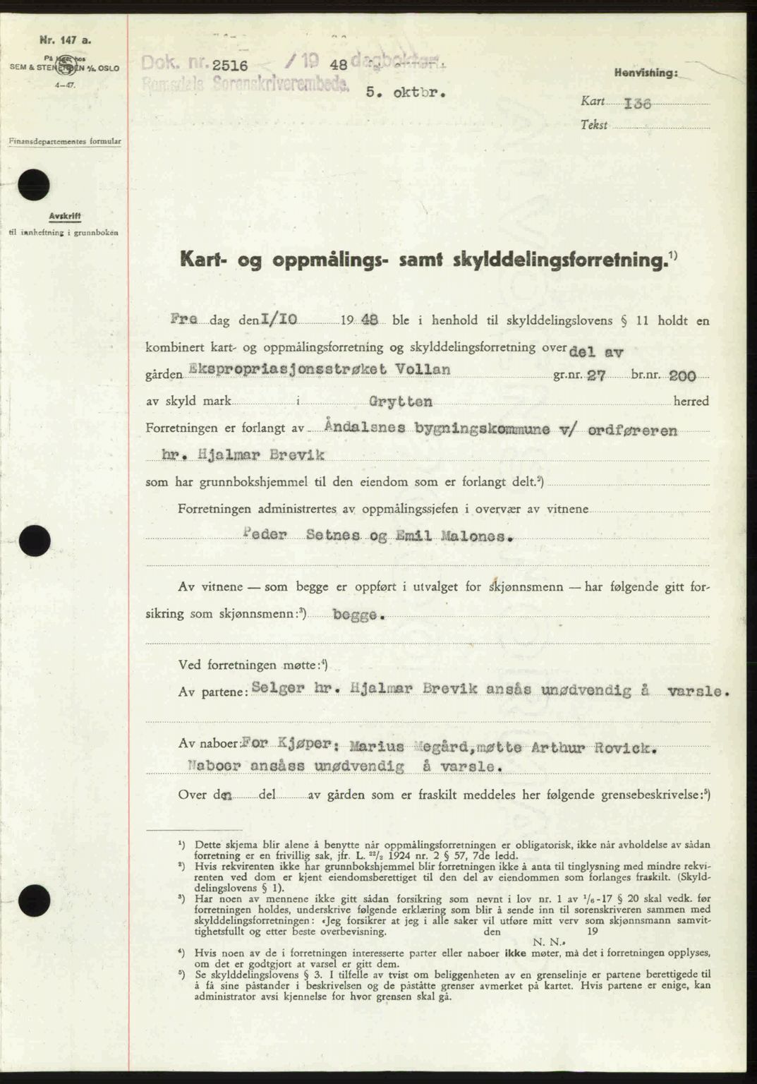 Romsdal sorenskriveri, AV/SAT-A-4149/1/2/2C: Mortgage book no. A27, 1948-1948, Diary no: : 2516/1948