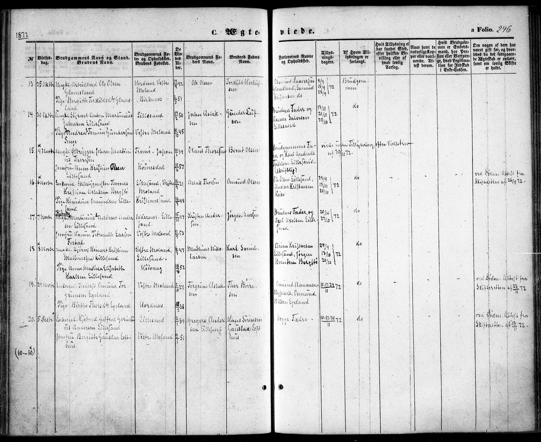 Vestre Moland sokneprestkontor, AV/SAK-1111-0046/F/Fa/Fab/L0007: Parish register (official) no. A 7, 1859-1872, p. 246