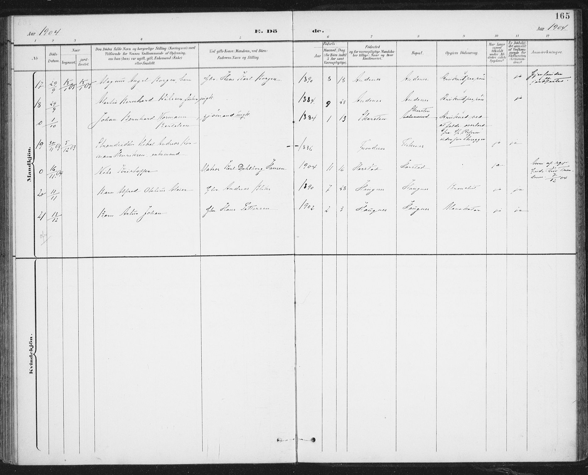 Ministerialprotokoller, klokkerbøker og fødselsregistre - Nordland, AV/SAT-A-1459/899/L1437: Parish register (official) no. 899A05, 1897-1908, p. 165