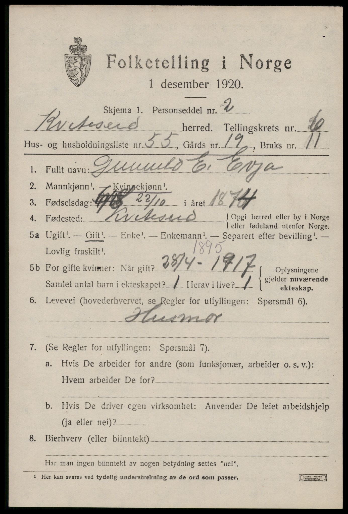 SAKO, 1920 census for Kviteseid, 1920, p. 3509