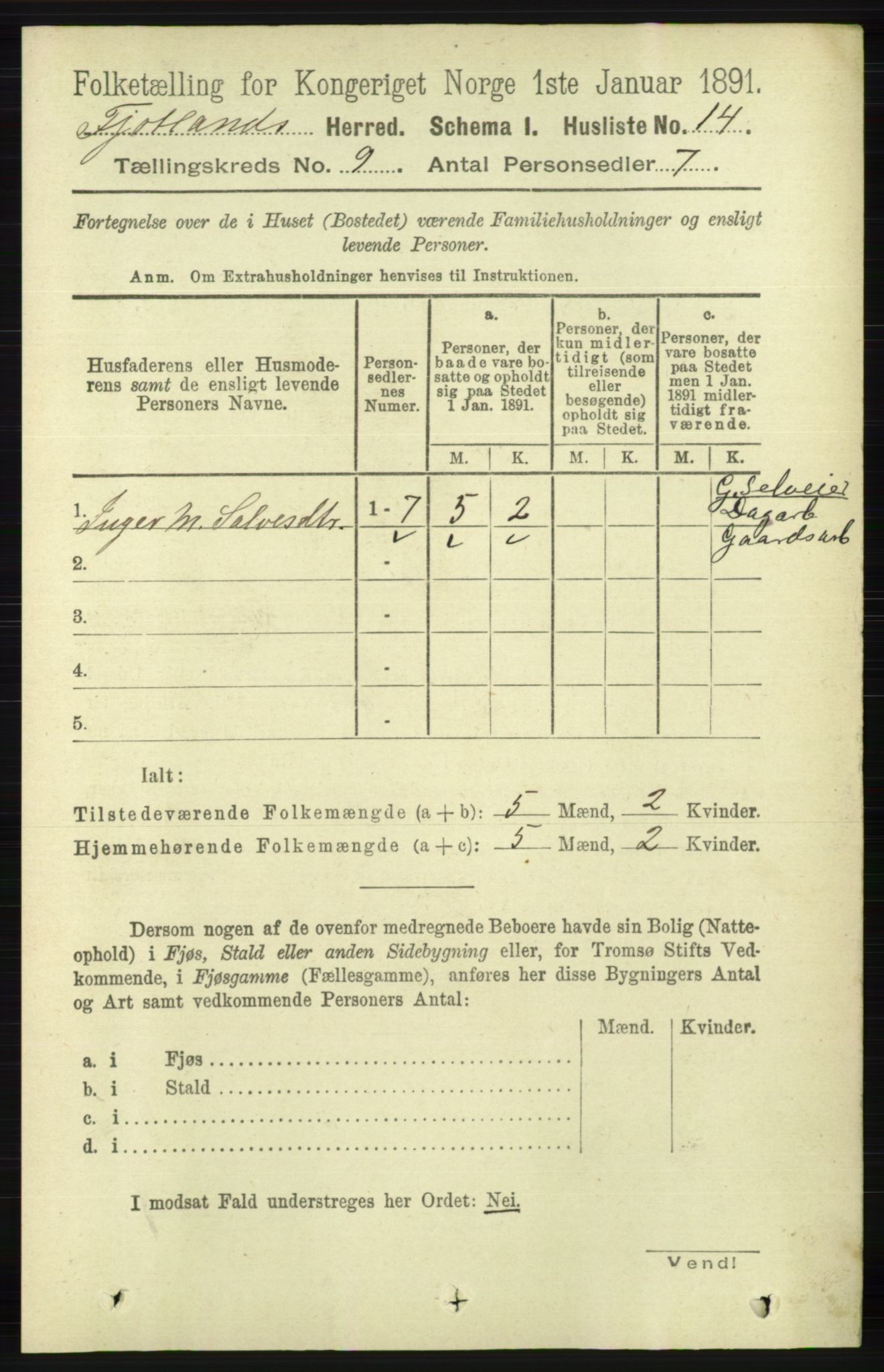 RA, 1891 census for 1036 Fjotland, 1891, p. 1295