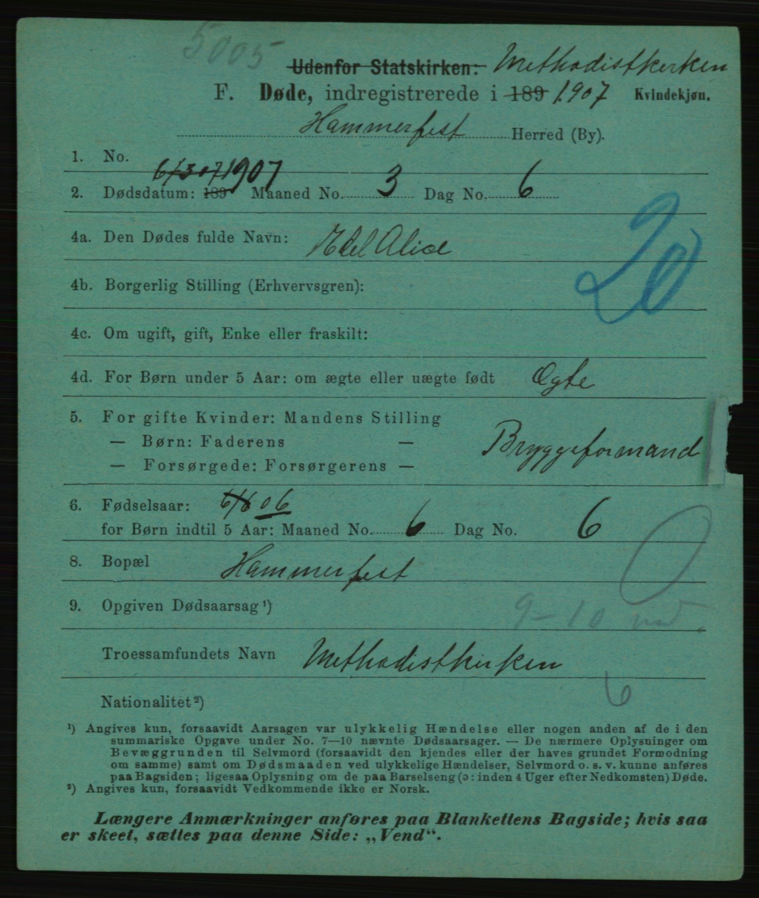 Statistisk sentralbyrå, Sosiodemografiske emner, Befolkning, AV/RA-S-2228/E/L0005: Fødte, gifte, døde dissentere., 1907, p. 3015