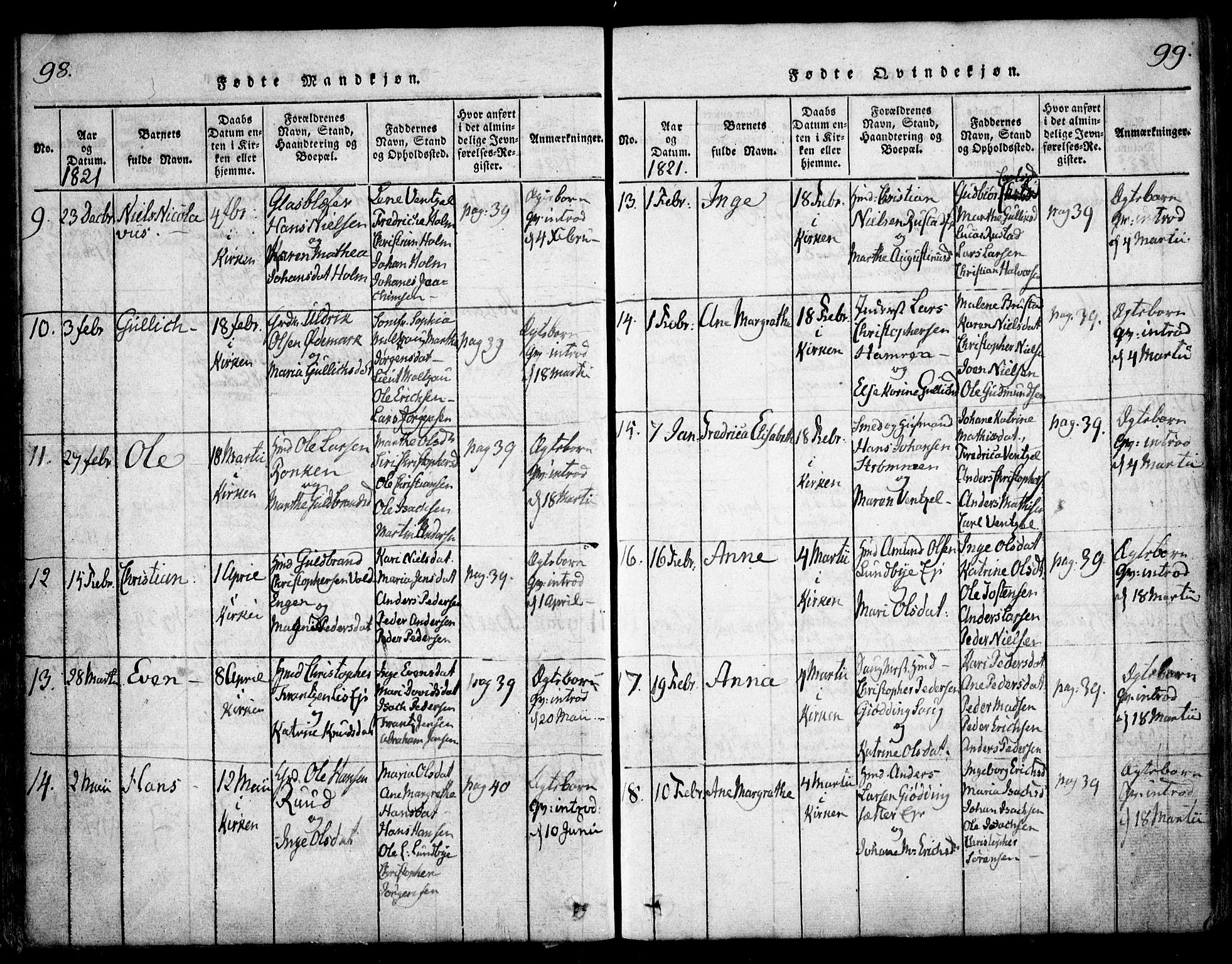 Hurdal prestekontor Kirkebøker, AV/SAO-A-10889/F/Fa/L0003: Parish register (official) no. I 3, 1815-1828, p. 98-99