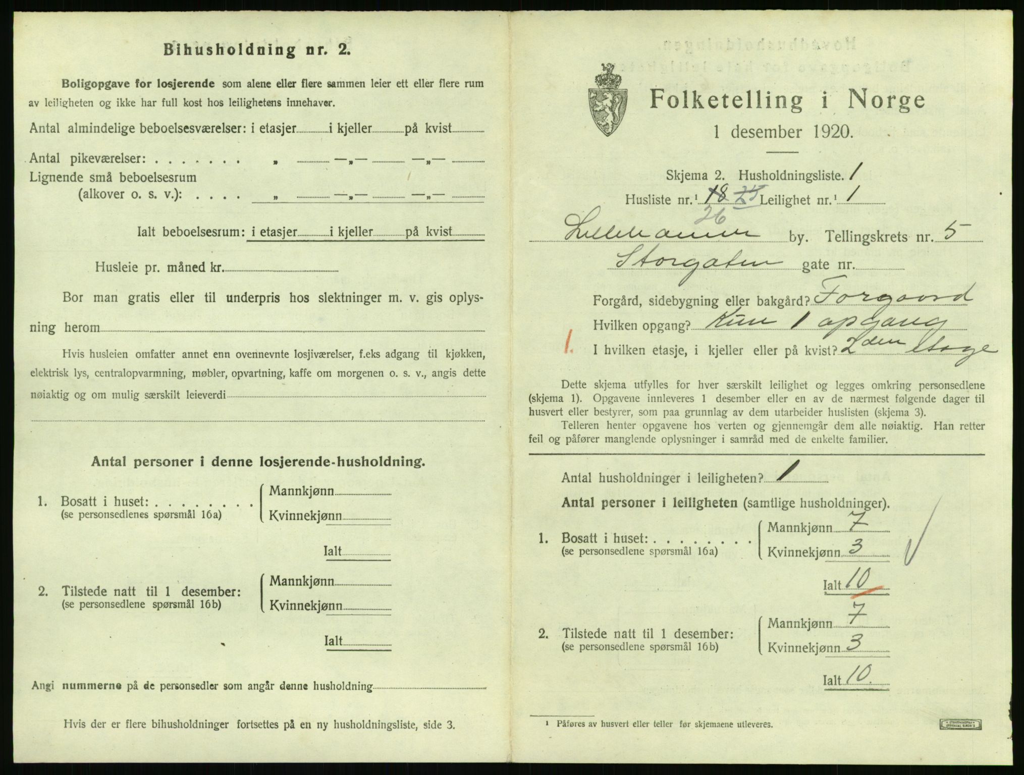 SAH, 1920 census for Lillehammer, 1920, p. 2290