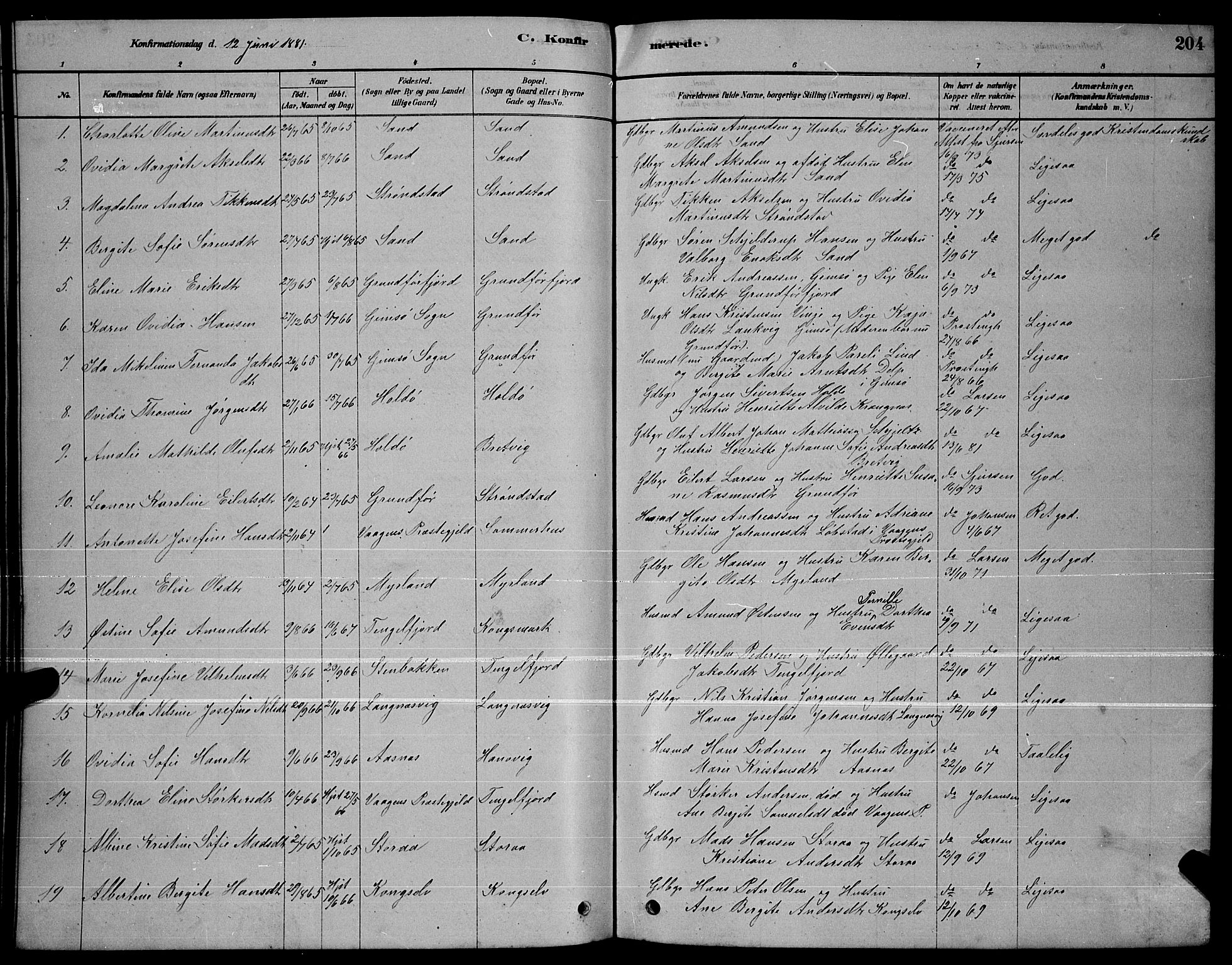 Ministerialprotokoller, klokkerbøker og fødselsregistre - Nordland, AV/SAT-A-1459/888/L1267: Parish register (copy) no. 888C05, 1878-1890, p. 204