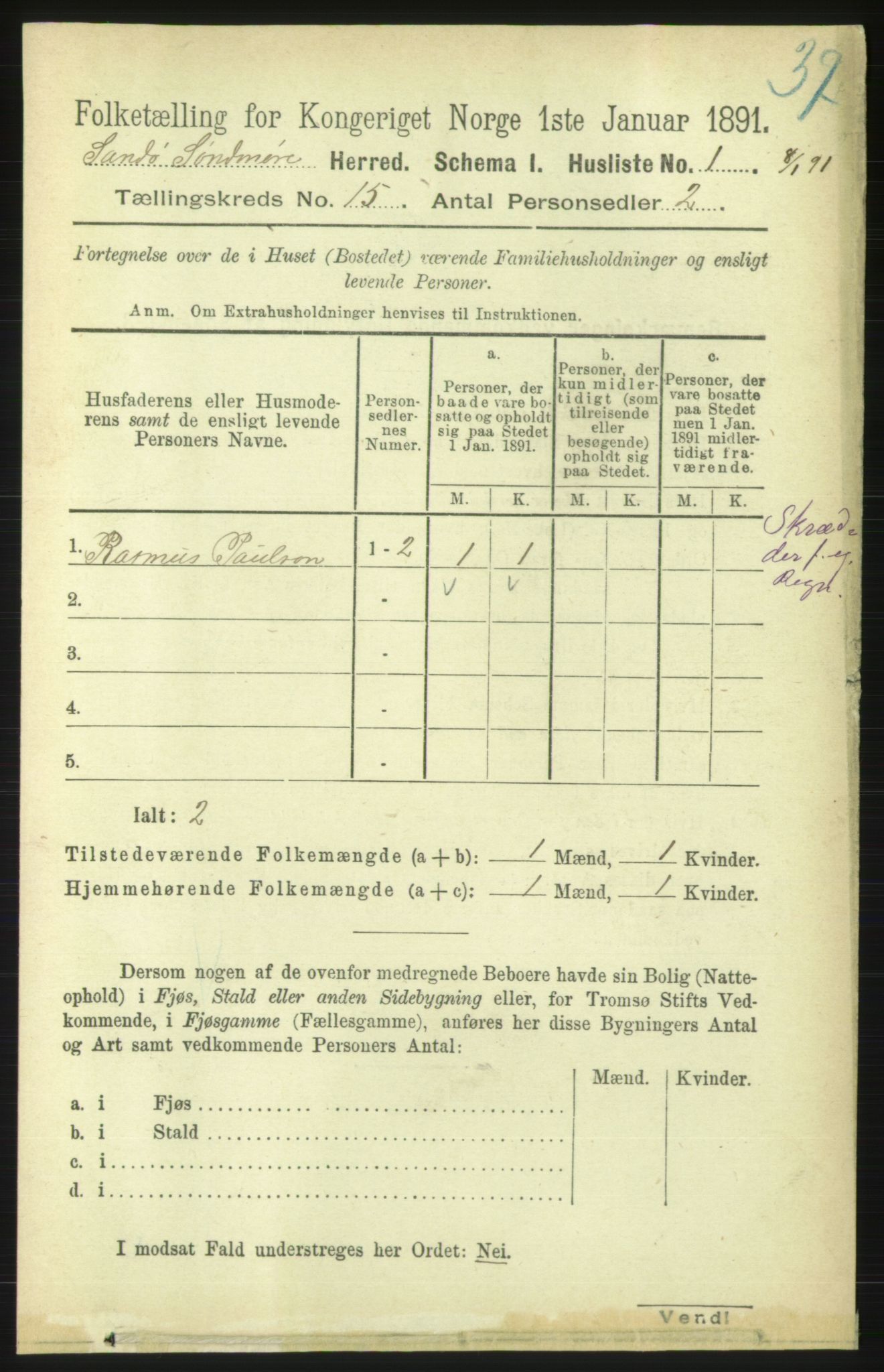 RA, 1891 census for 1514 Sande, 1891, p. 2991