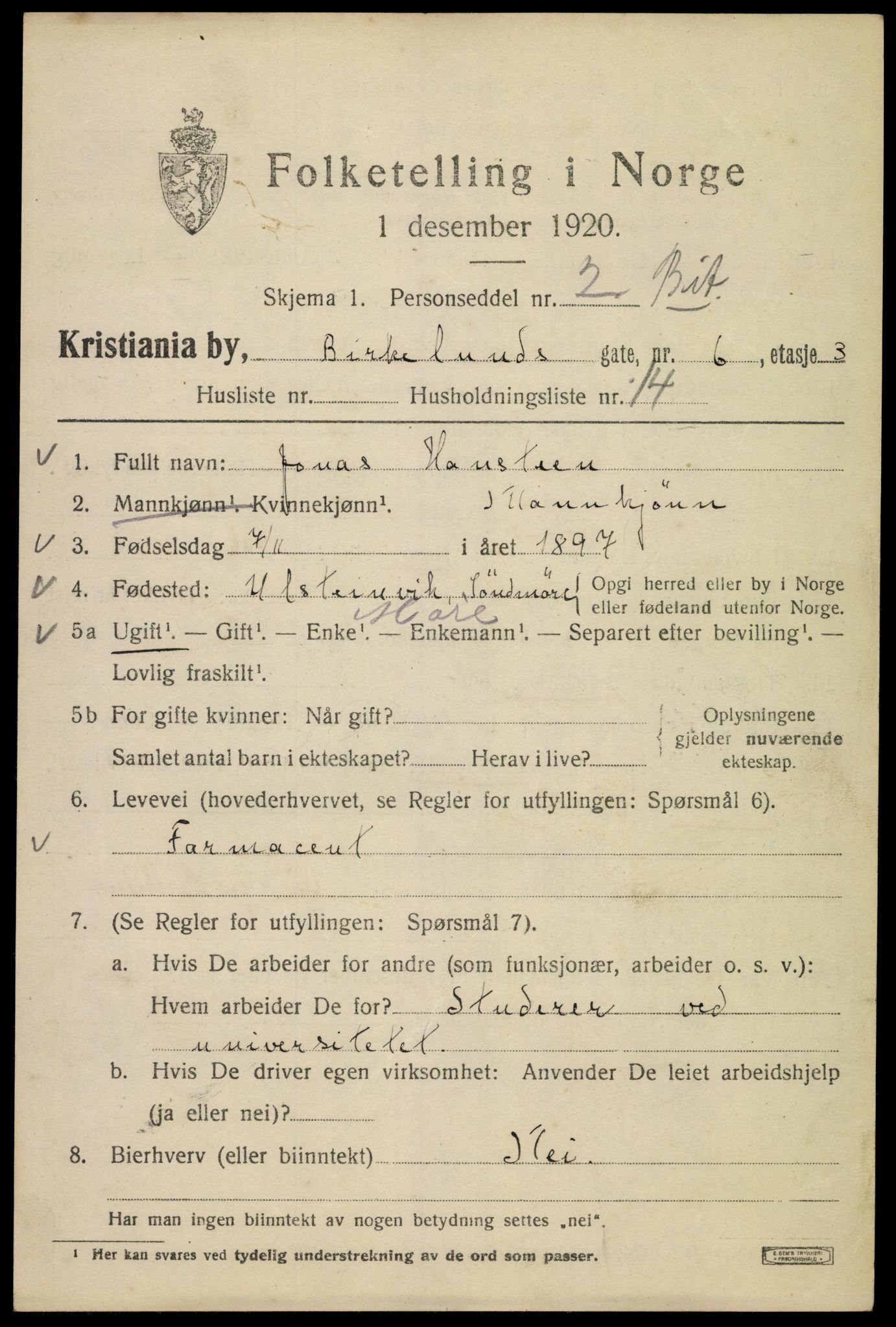 SAO, 1920 census for Kristiania, 1920, p. 156983