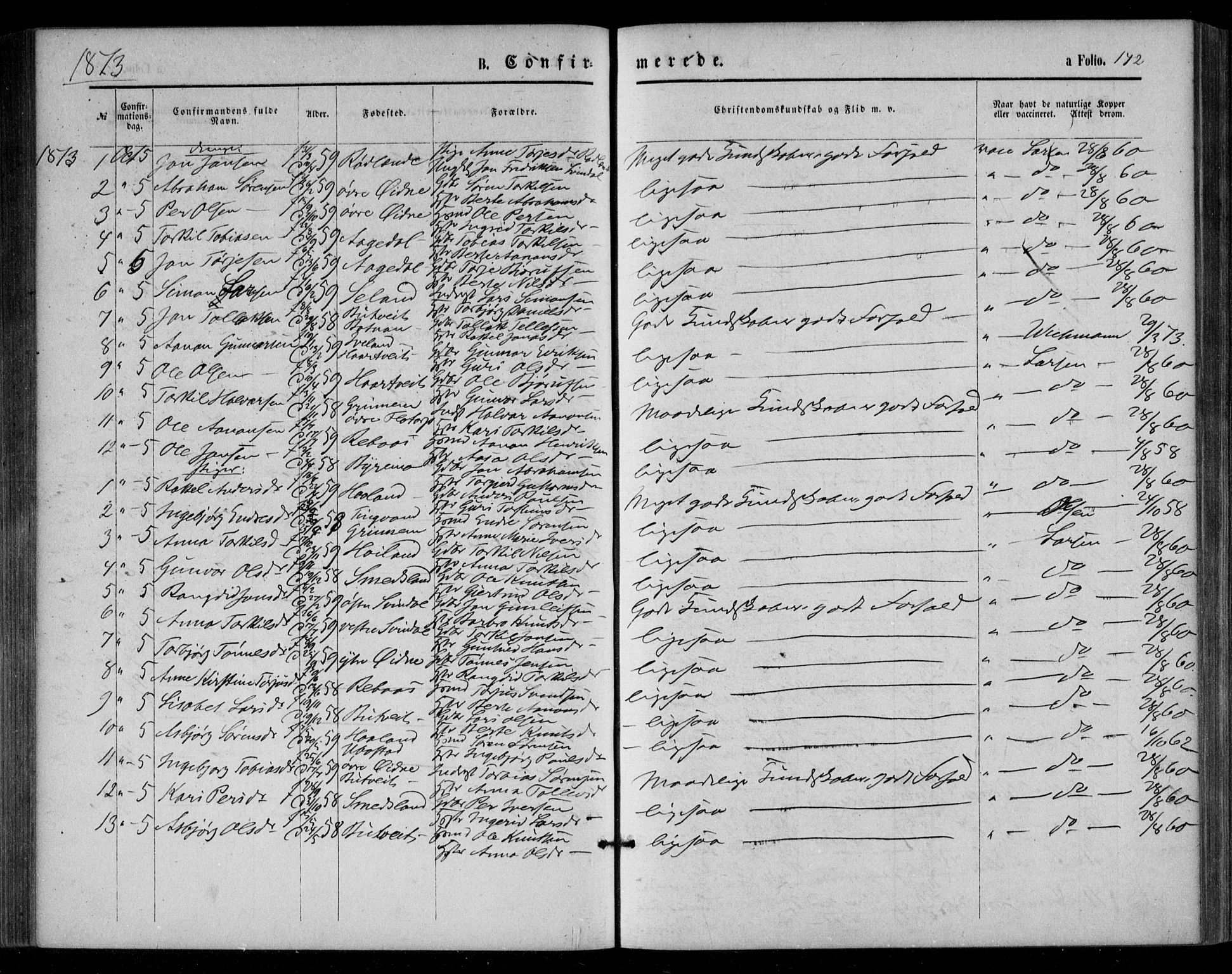 Bjelland sokneprestkontor, SAK/1111-0005/F/Fa/Fac/L0002: Parish register (official) no. A 2, 1866-1887, p. 142