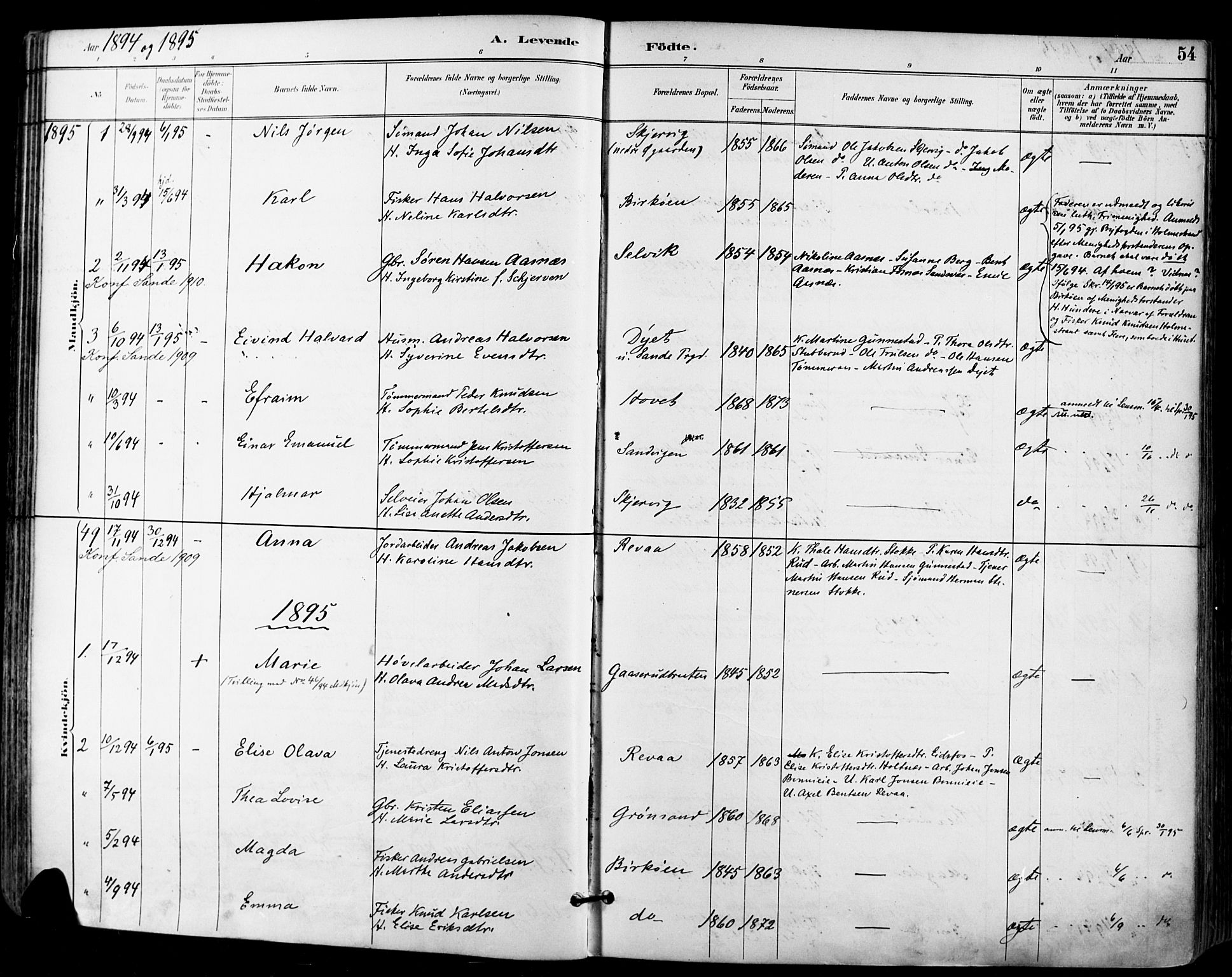 Sande Kirkebøker, SAKO/A-53/F/Fa/L0007: Parish register (official) no. 7, 1888-1903, p. 54
