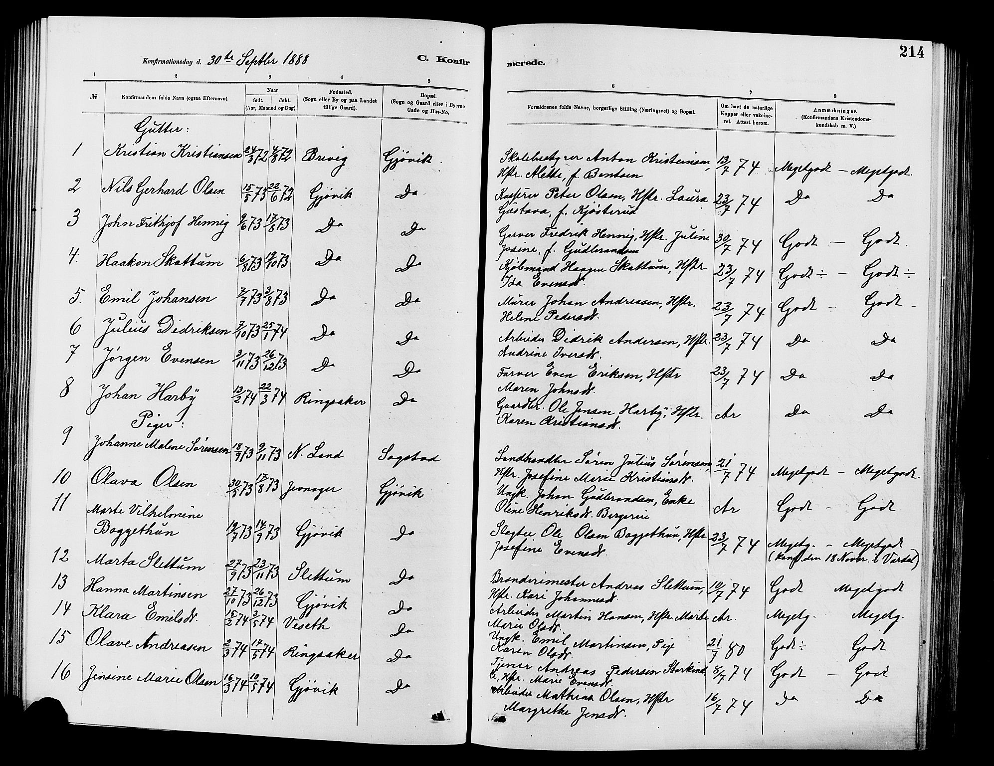 Vardal prestekontor, SAH/PREST-100/H/Ha/Hab/L0007: Parish register (copy) no. 7 /2, 1881-1895, p. 214