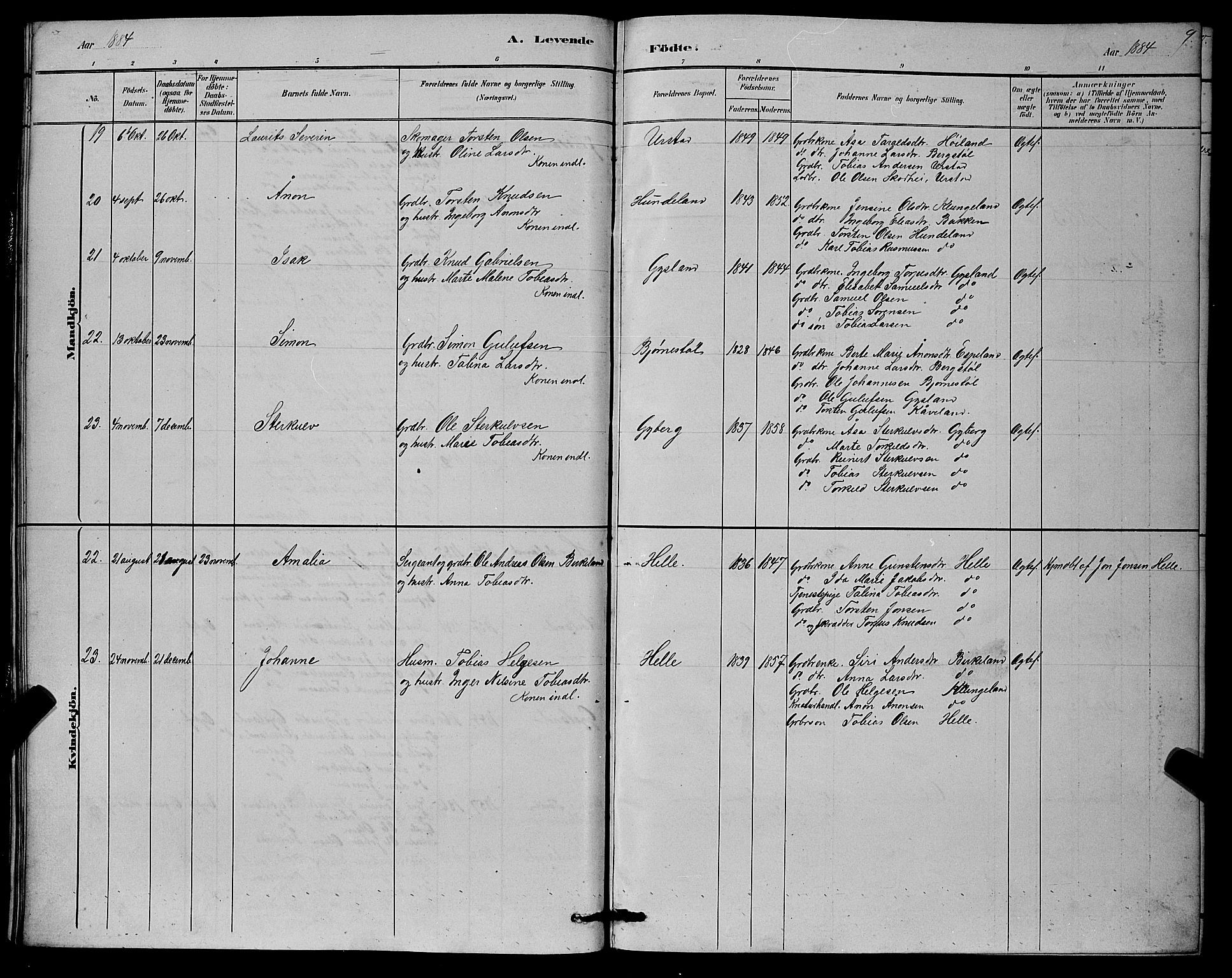 Hægebostad sokneprestkontor, SAK/1111-0024/F/Fb/Fba/L0003: Parish register (copy) no. B 3, 1883-1896, p. 9