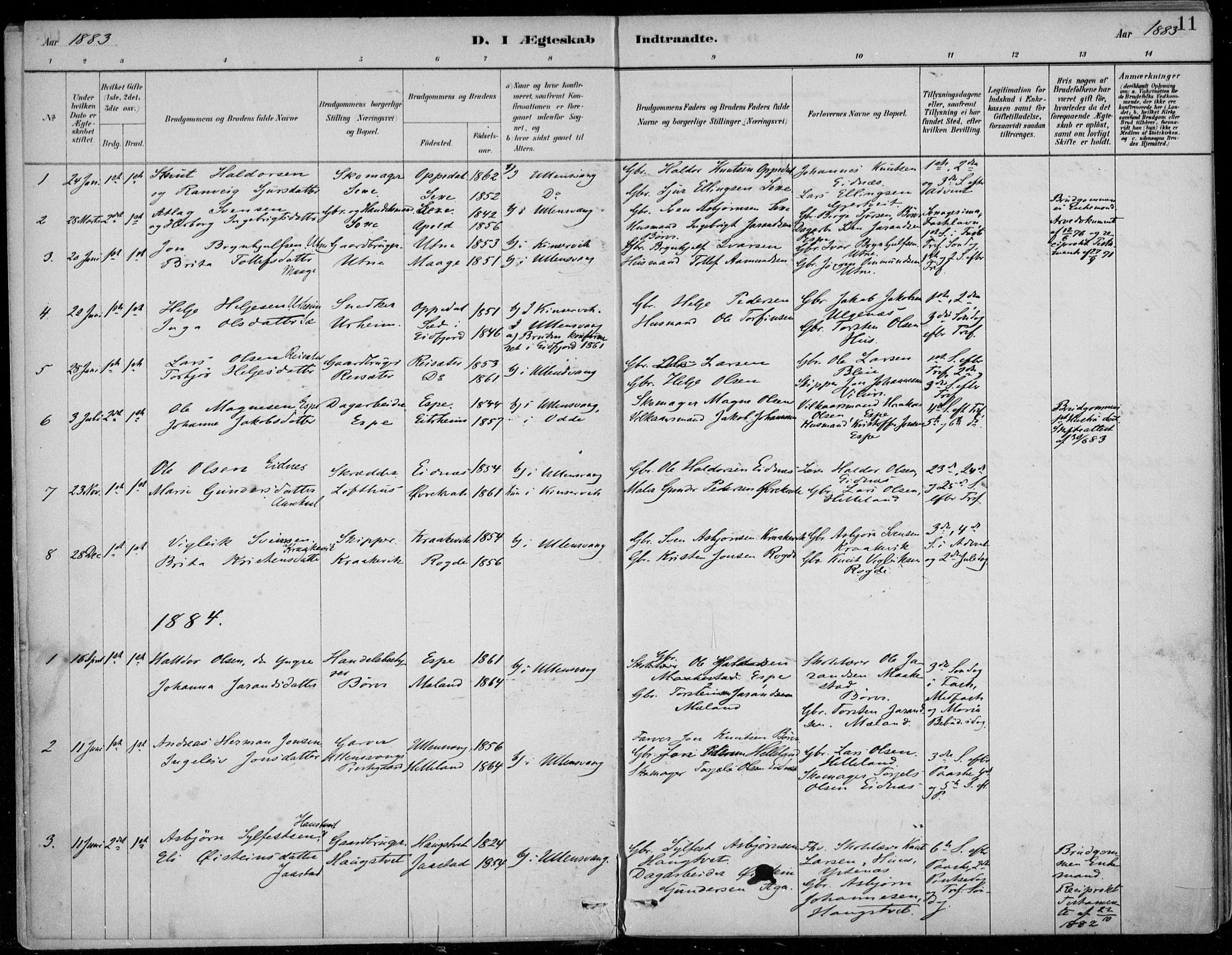 Ullensvang sokneprestembete, SAB/A-78701/H/Haa: Parish register (official) no. B  3, 1882-1911, p. 11