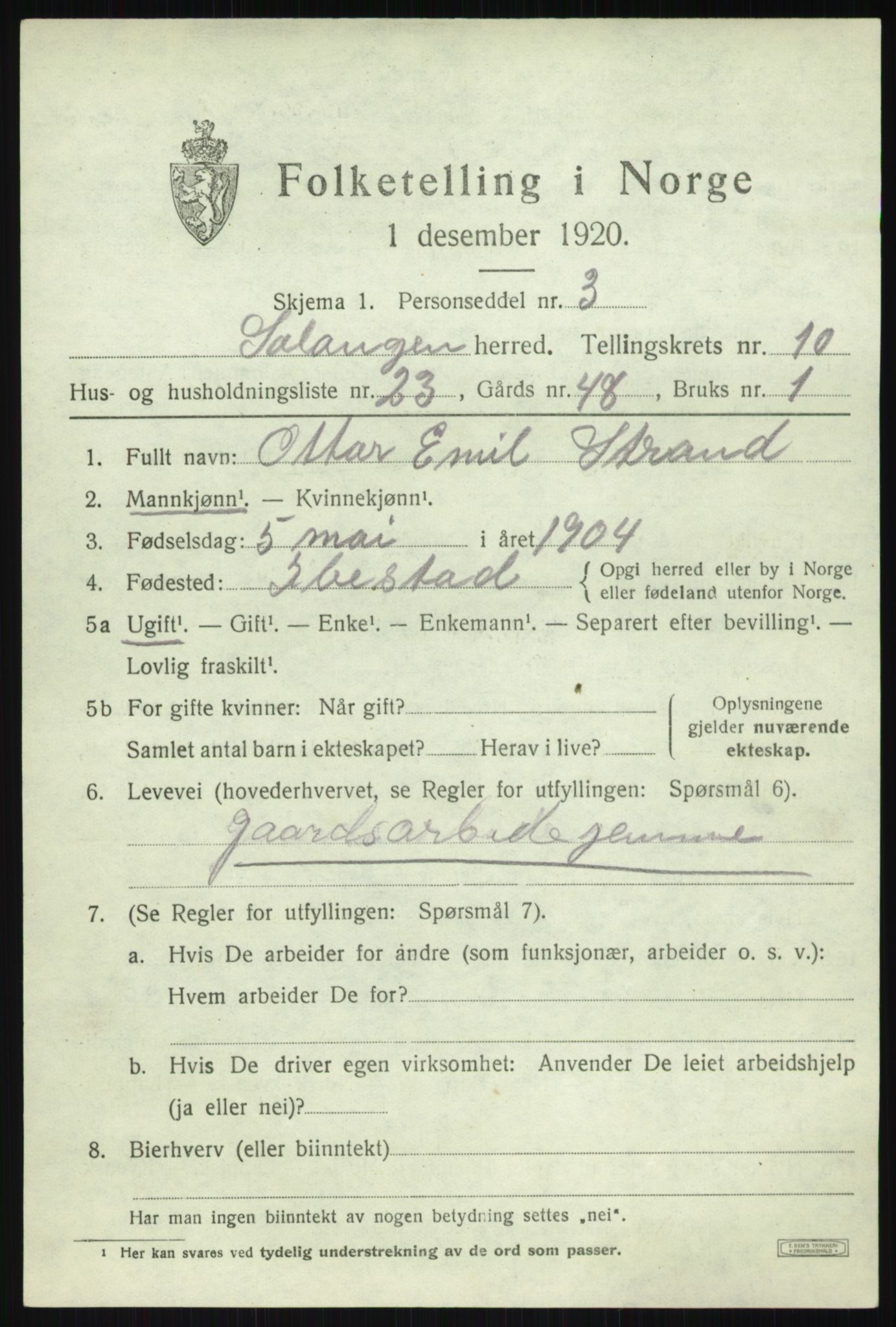 SATØ, 1920 census for Salangen, 1920, p. 6526