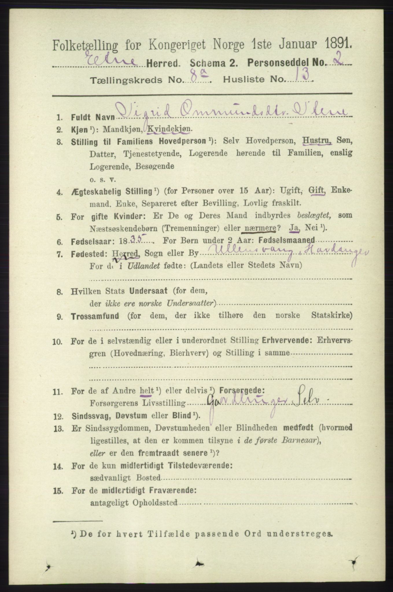 RA, 1891 census for 1211 Etne, 1891, p. 1592