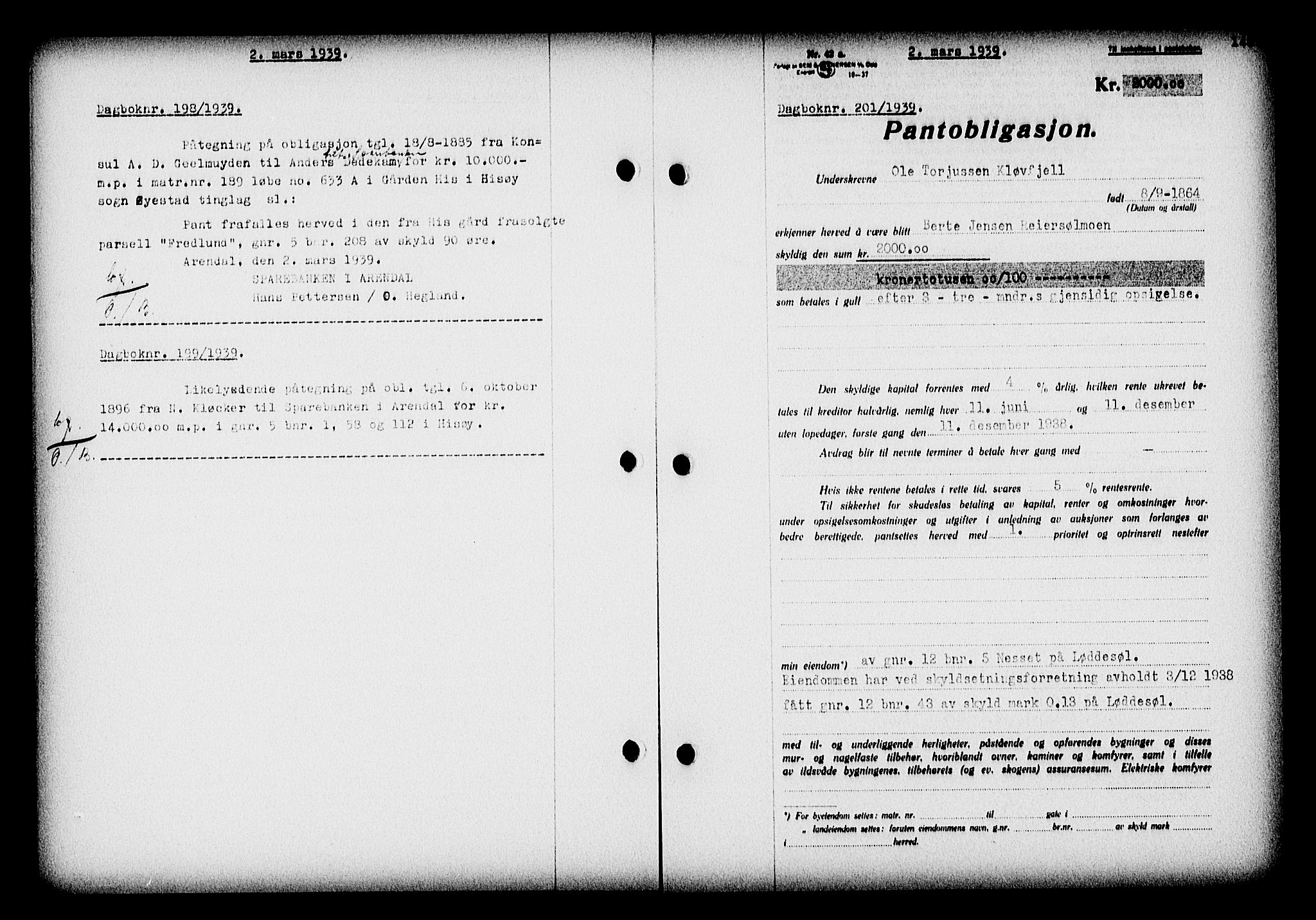 Nedenes sorenskriveri, AV/SAK-1221-0006/G/Gb/Gba/L0046: Mortgage book no. 42, 1938-1939, Diary no: : 201/1939