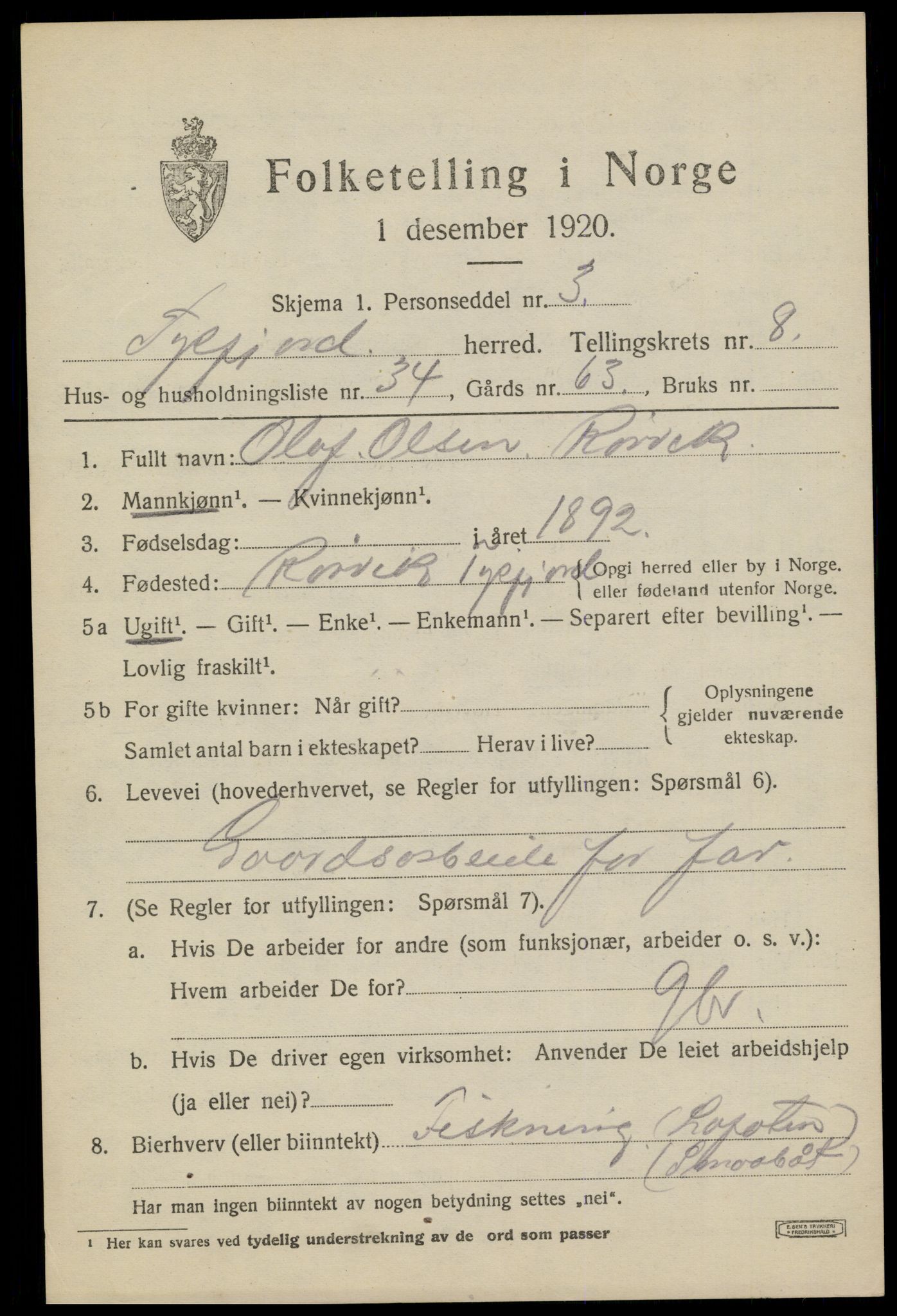 SAT, 1920 census for Tysfjord, 1920, p. 6247