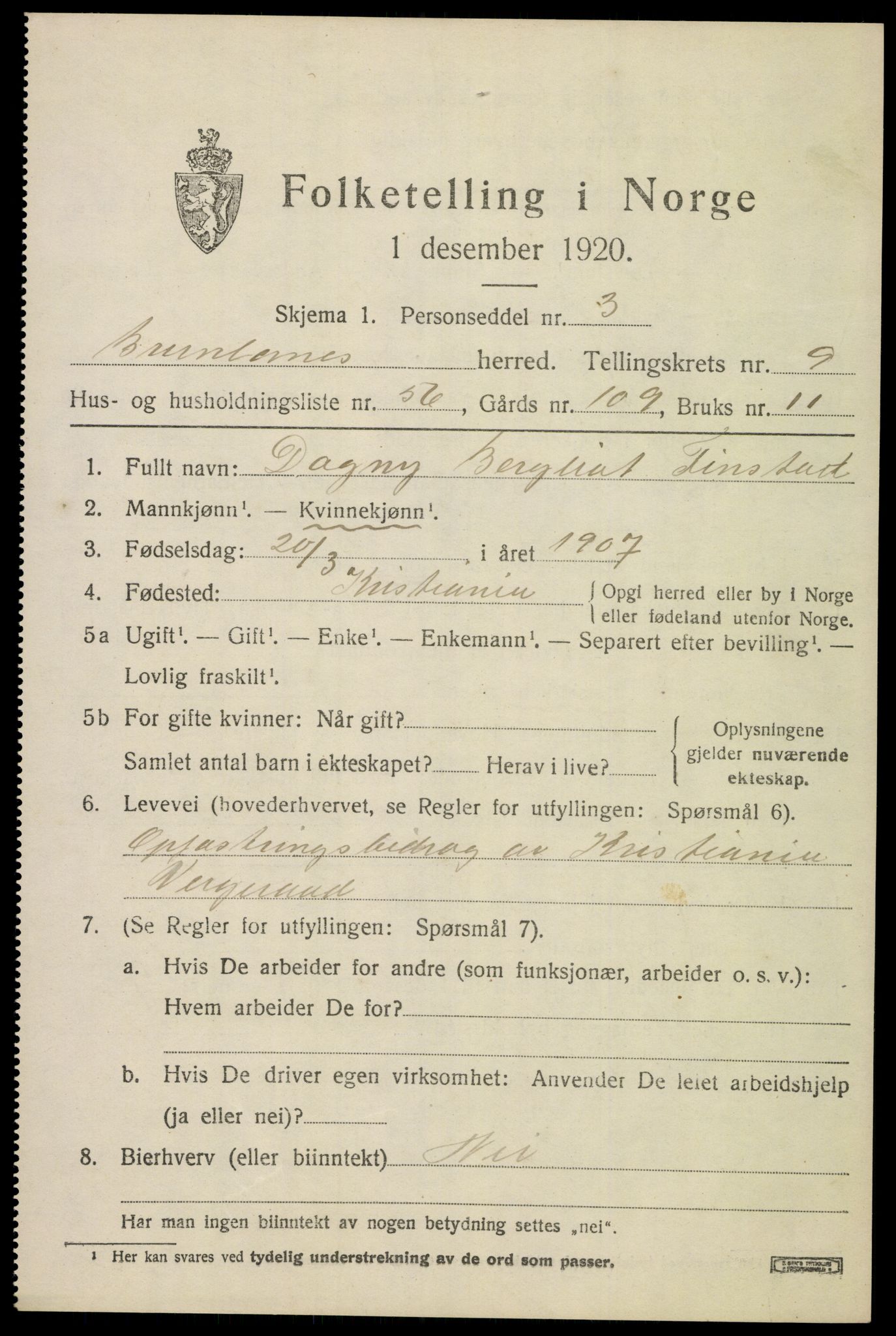 SAKO, 1920 census for Brunlanes, 1920, p. 8377
