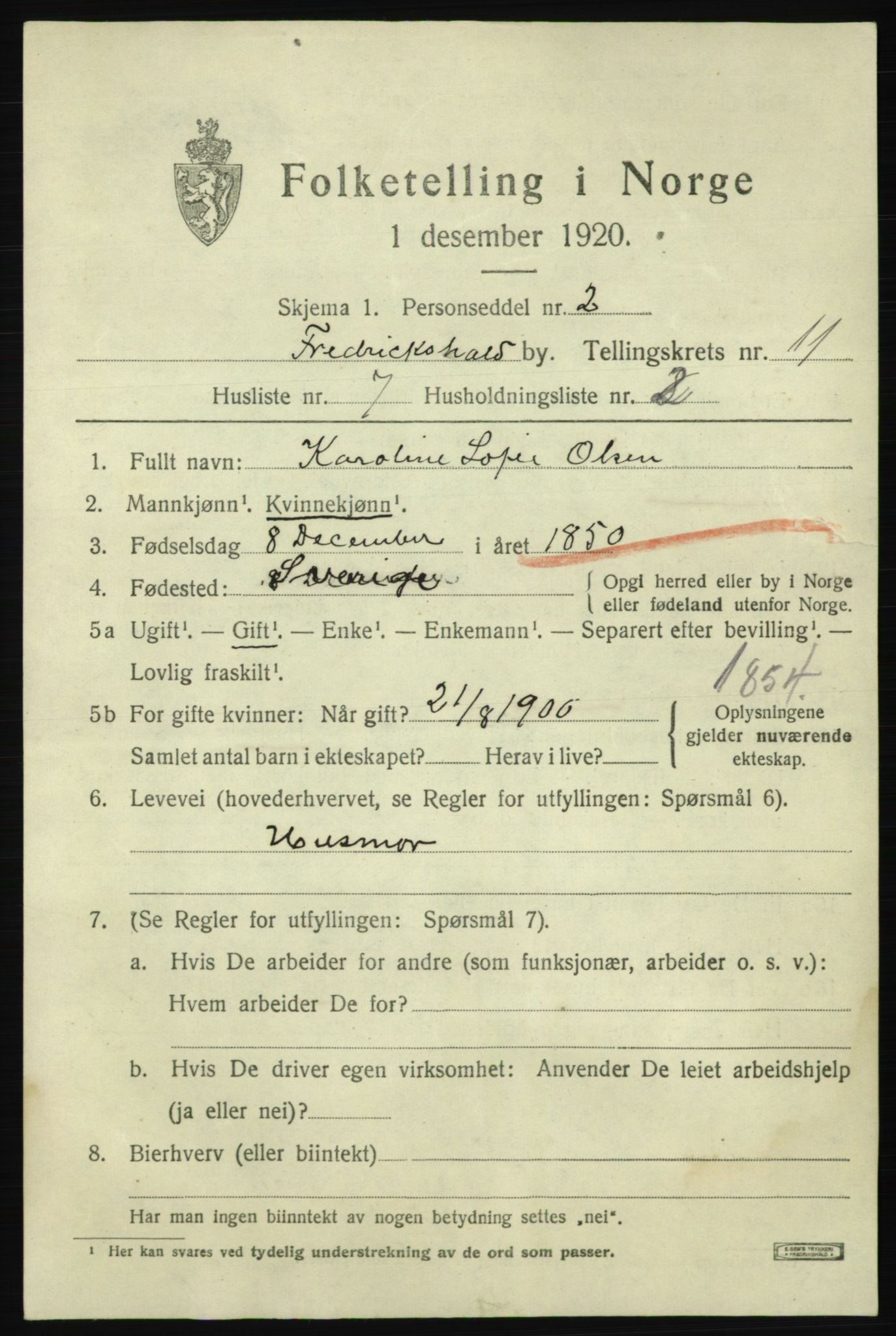 SAO, 1920 census for Fredrikshald, 1920, p. 18967