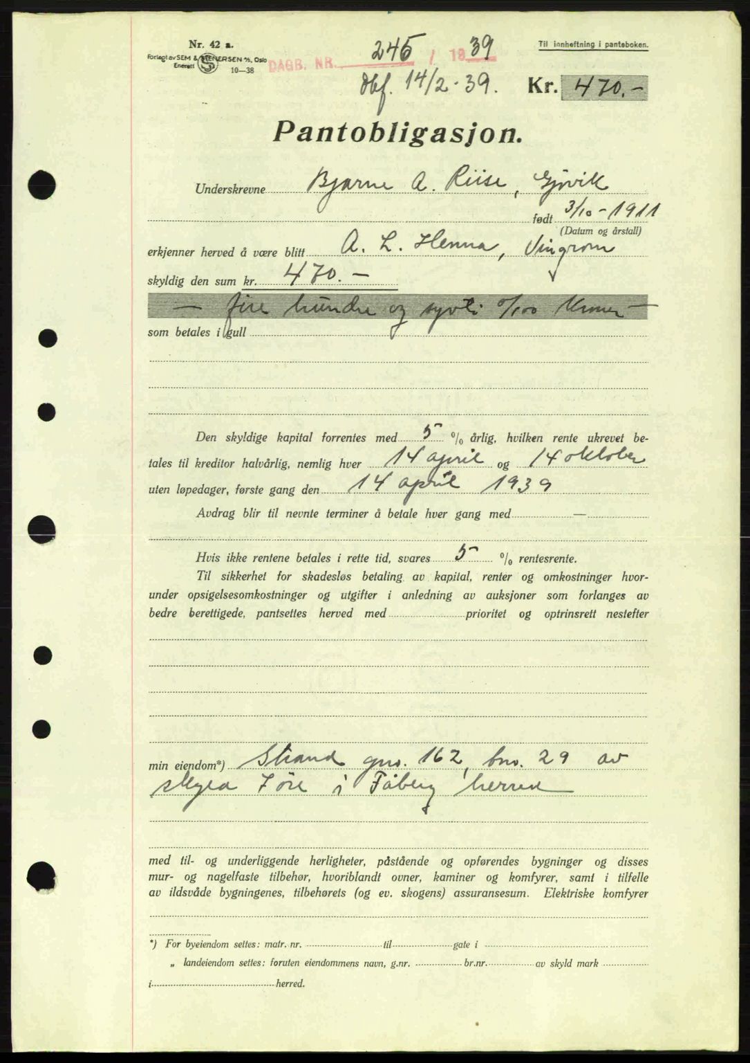 Sør-Gudbrandsdal tingrett, SAH/TING-004/H/Hb/Hbe/L0001: Mortgage book no. B1, 1936-1939, Diary no: : 245/1939
