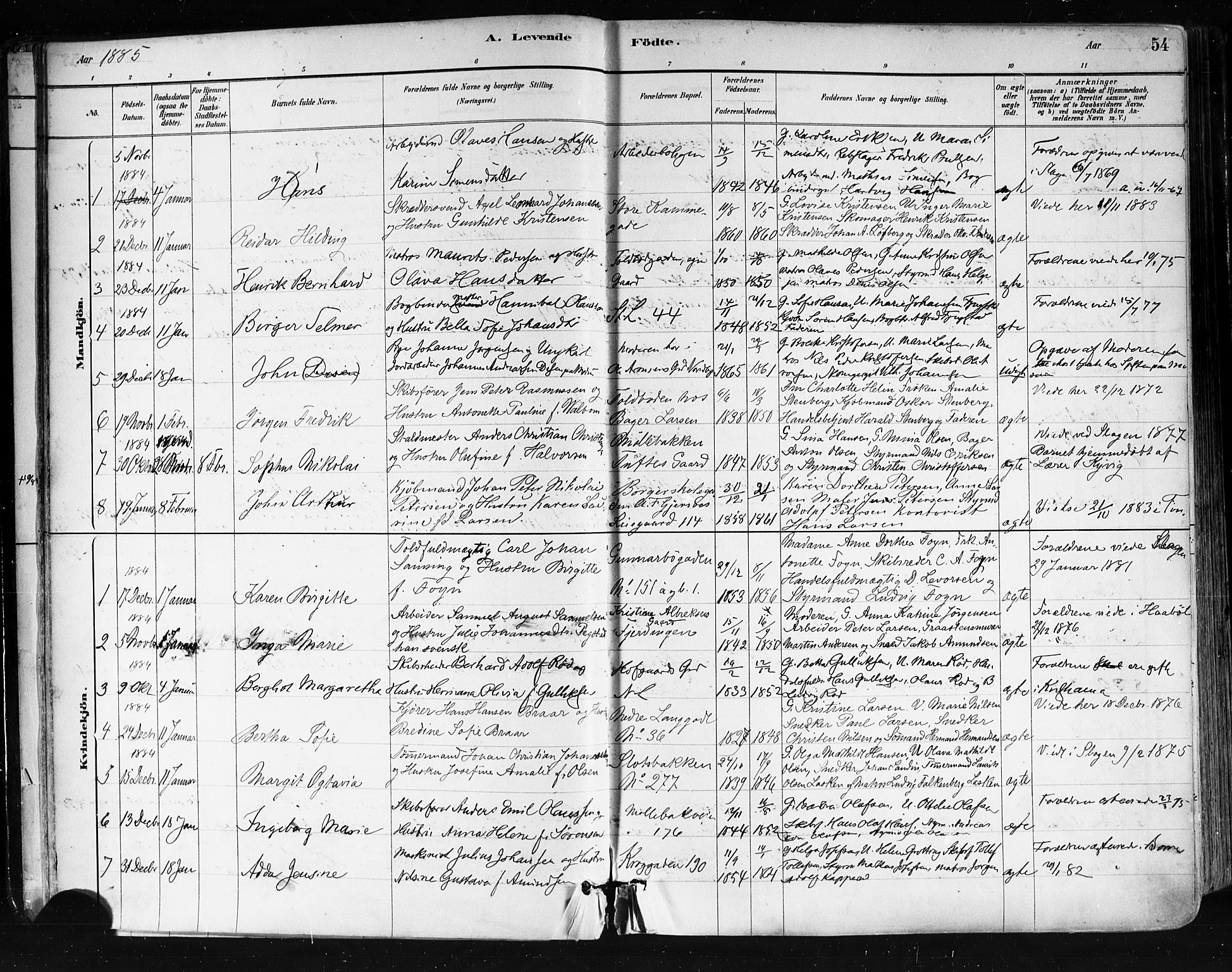 Tønsberg kirkebøker, SAKO/A-330/F/Fa/L0011: Parish register (official) no. I 11, 1881-1890, p. 54