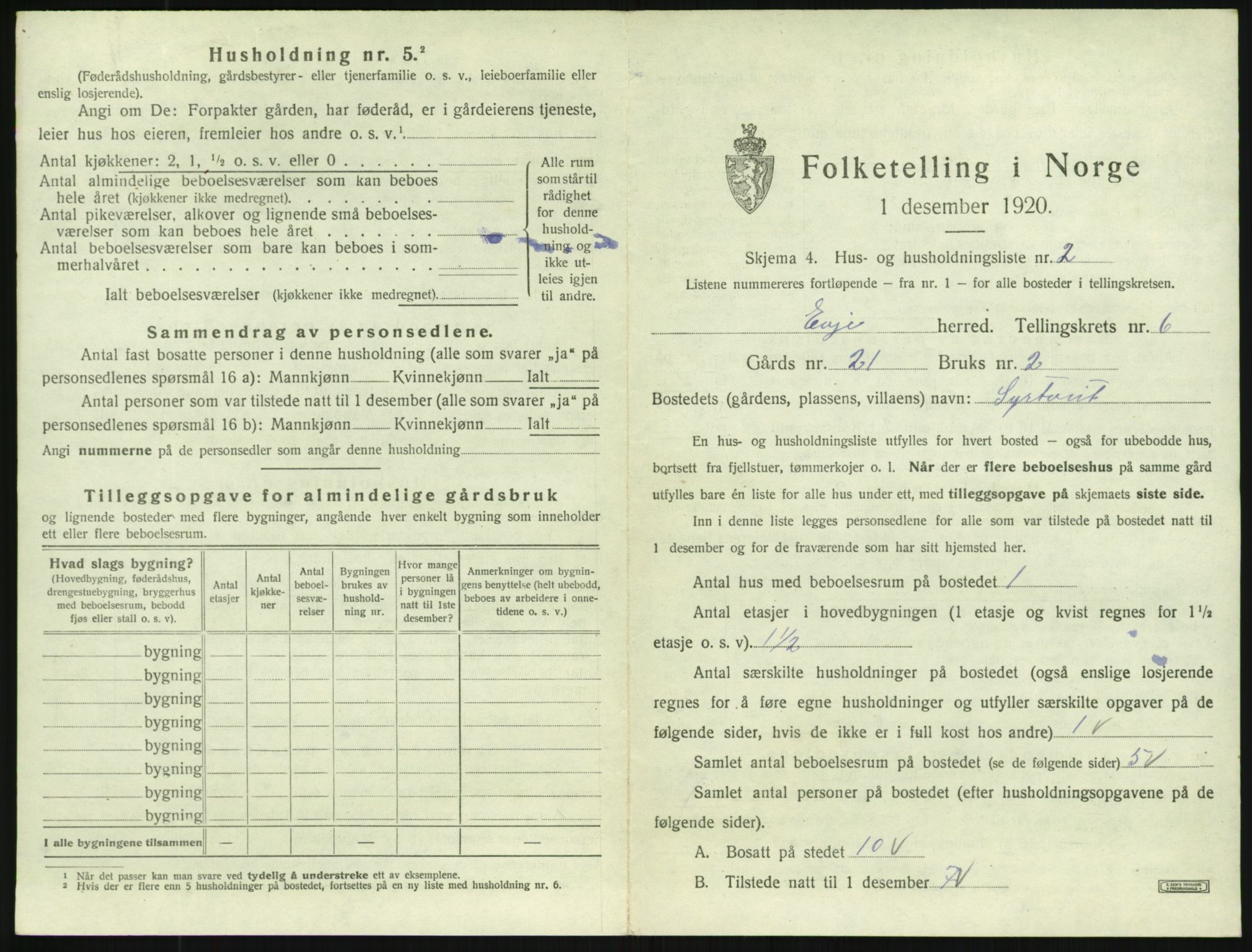 SAK, 1920 census for Evje, 1920, p. 316