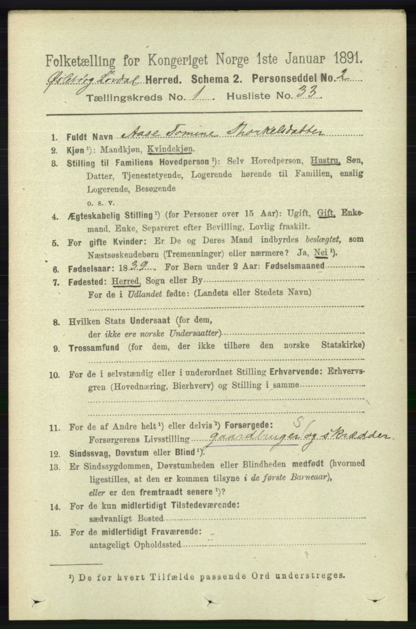 RA, 1891 census for 1021 Øyslebø og Laudal, 1891, p. 286