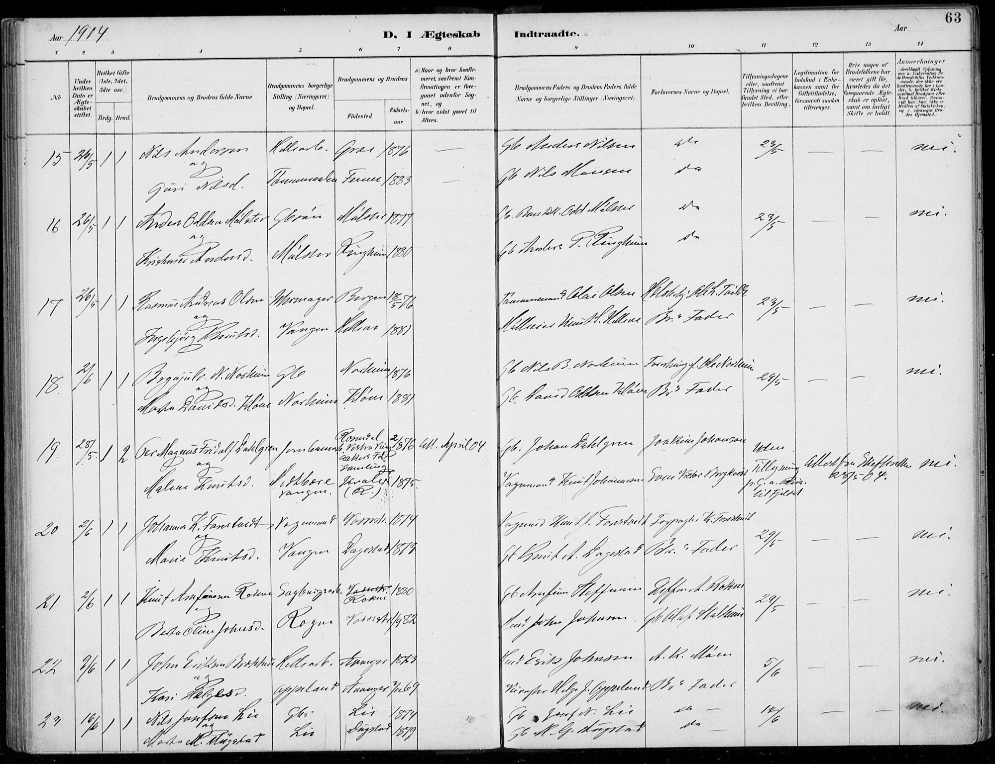 Voss sokneprestembete, SAB/A-79001/H/Haa: Parish register (official) no. C  1, 1887-1915, p. 63
