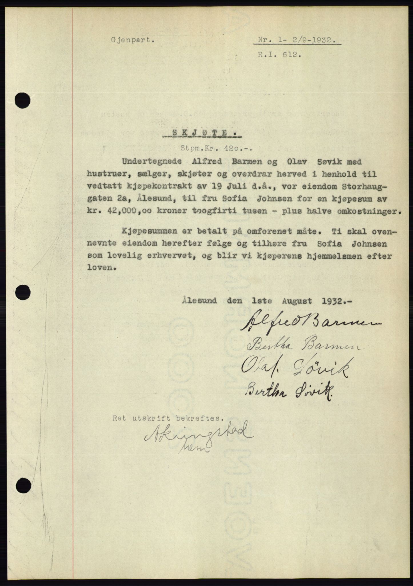 Ålesund byfogd, AV/SAT-A-4384: Mortgage book no. 30, 1932-1933, Deed date: 02.09.1932