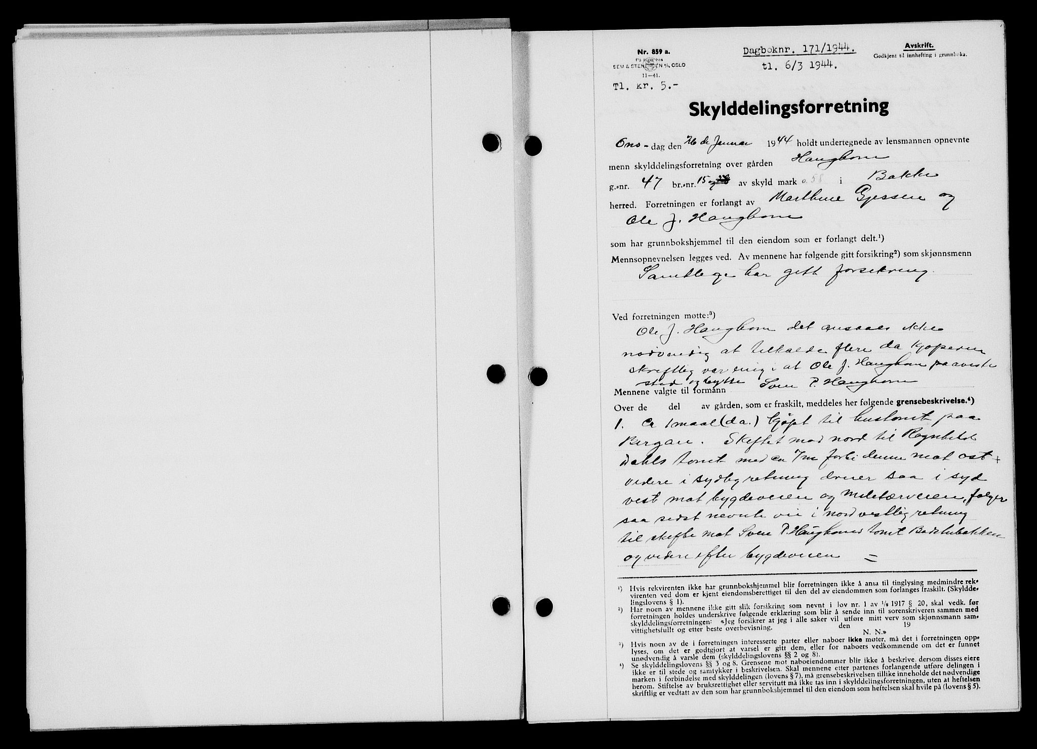 Flekkefjord sorenskriveri, SAK/1221-0001/G/Gb/Gba/L0059: Mortgage book no. A-7, 1944-1945, Diary no: : 171/1944