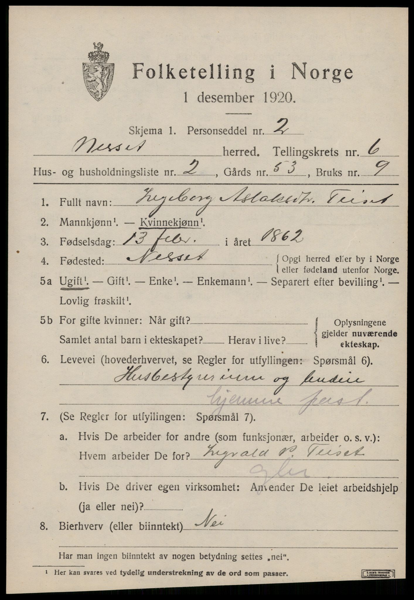 SAT, 1920 census for Nesset, 1920, p. 2812