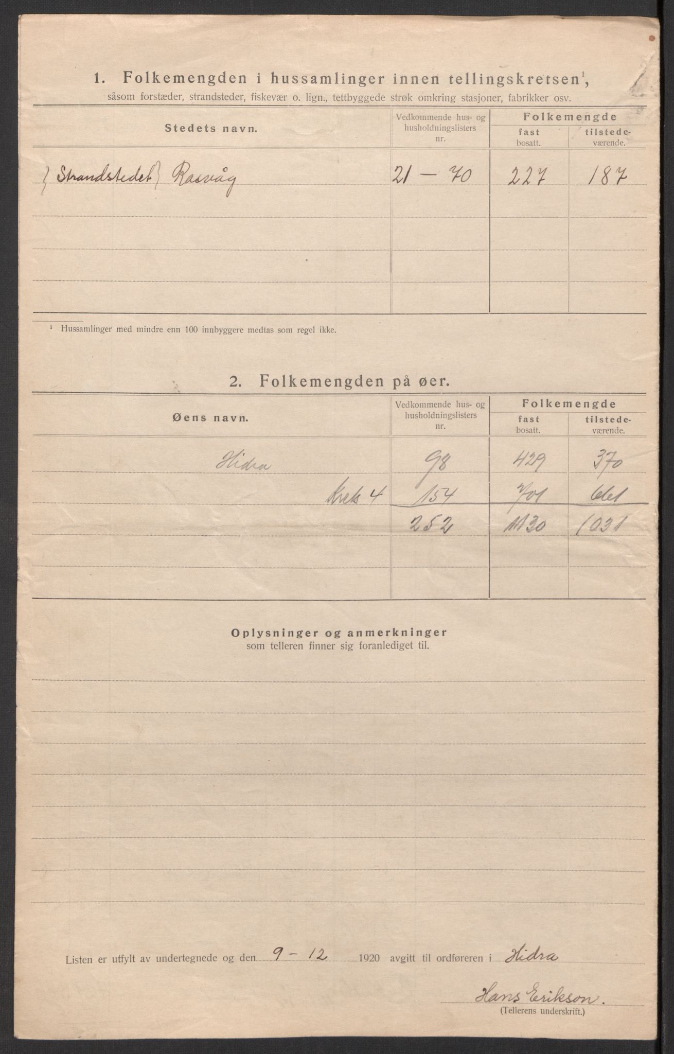 SAK, 1920 census for Hidra, 1920, p. 23