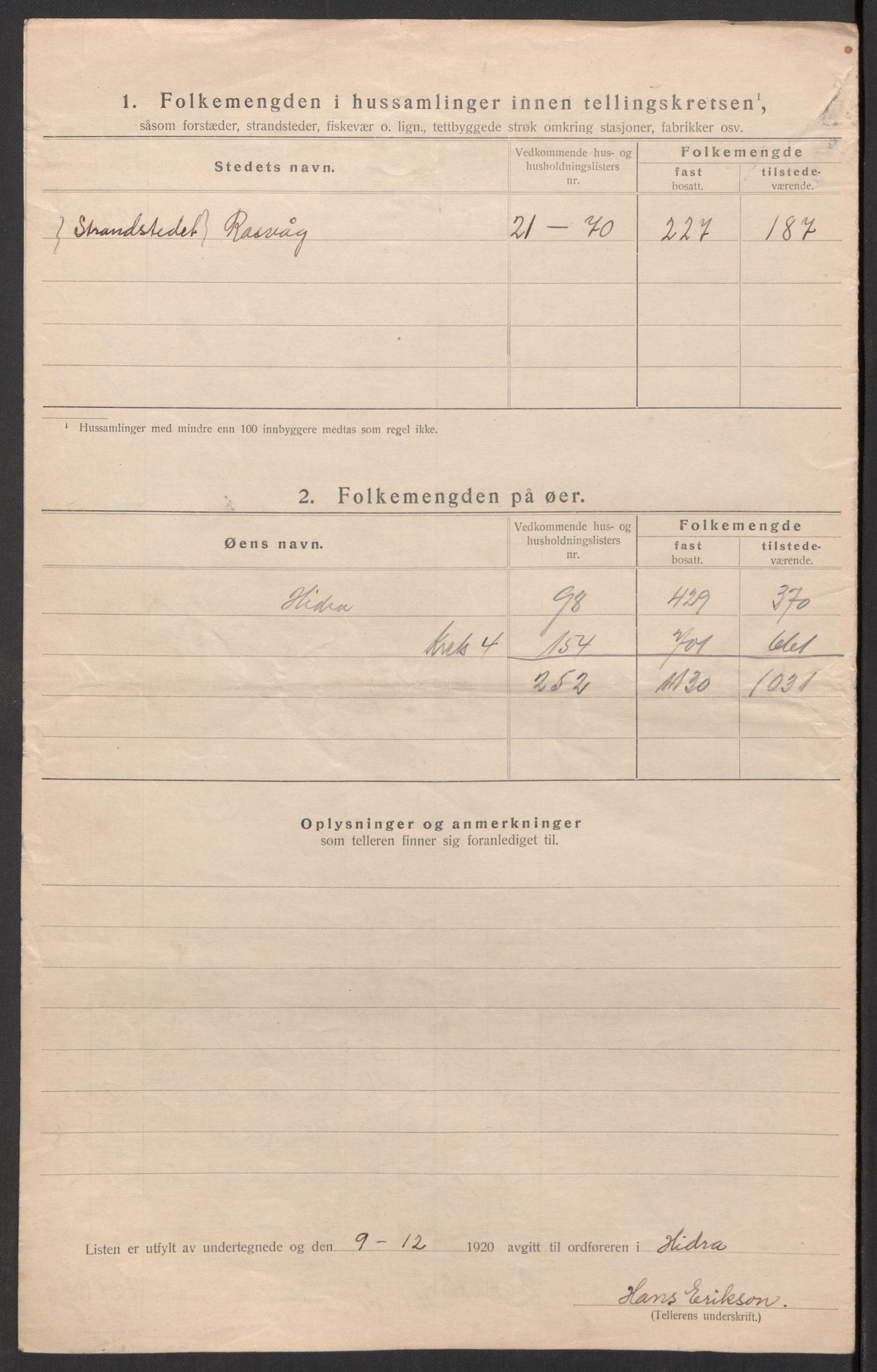 SAK, 1920 census for Hidra, 1920, p. 23