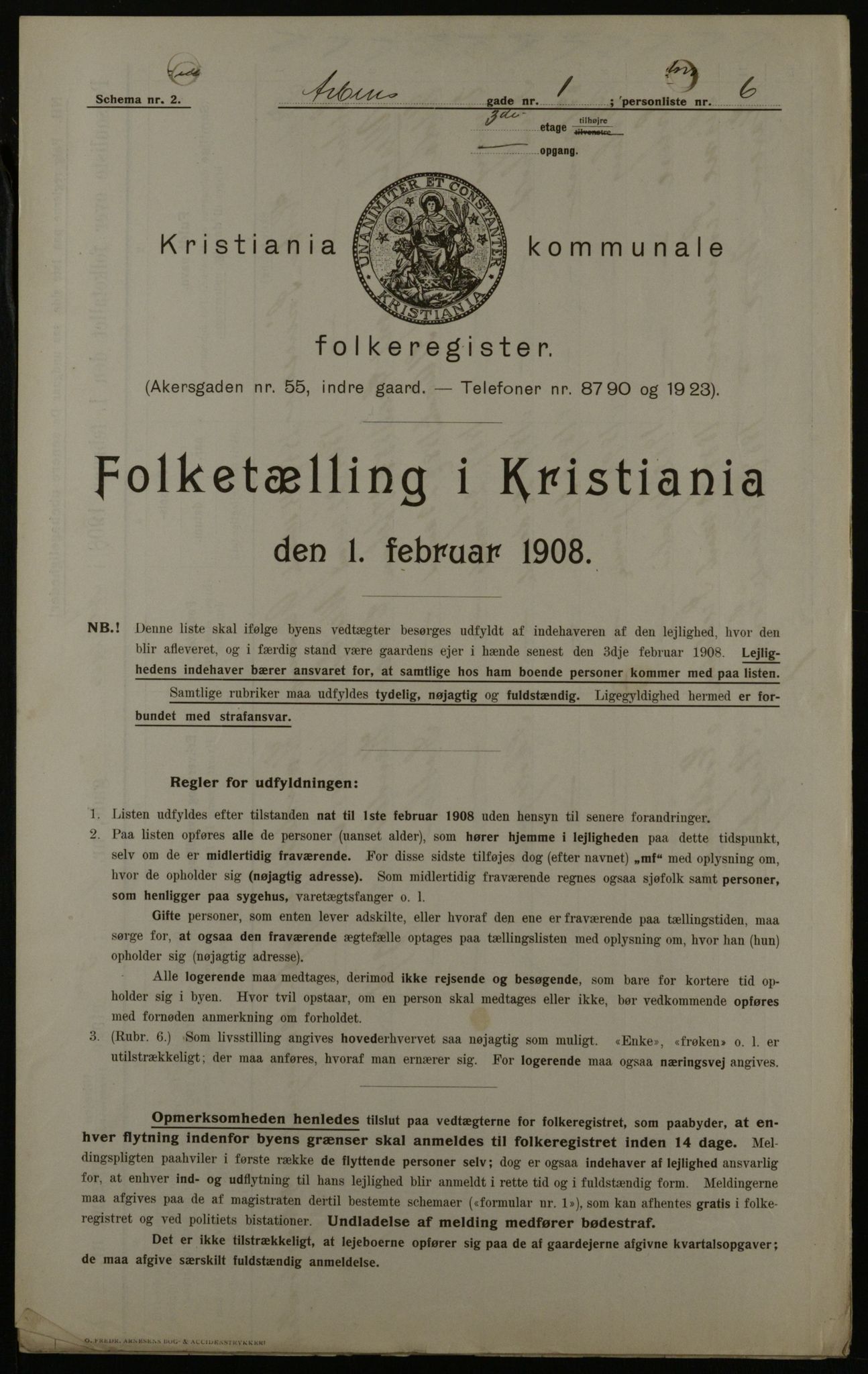 OBA, Municipal Census 1908 for Kristiania, 1908, p. 1752