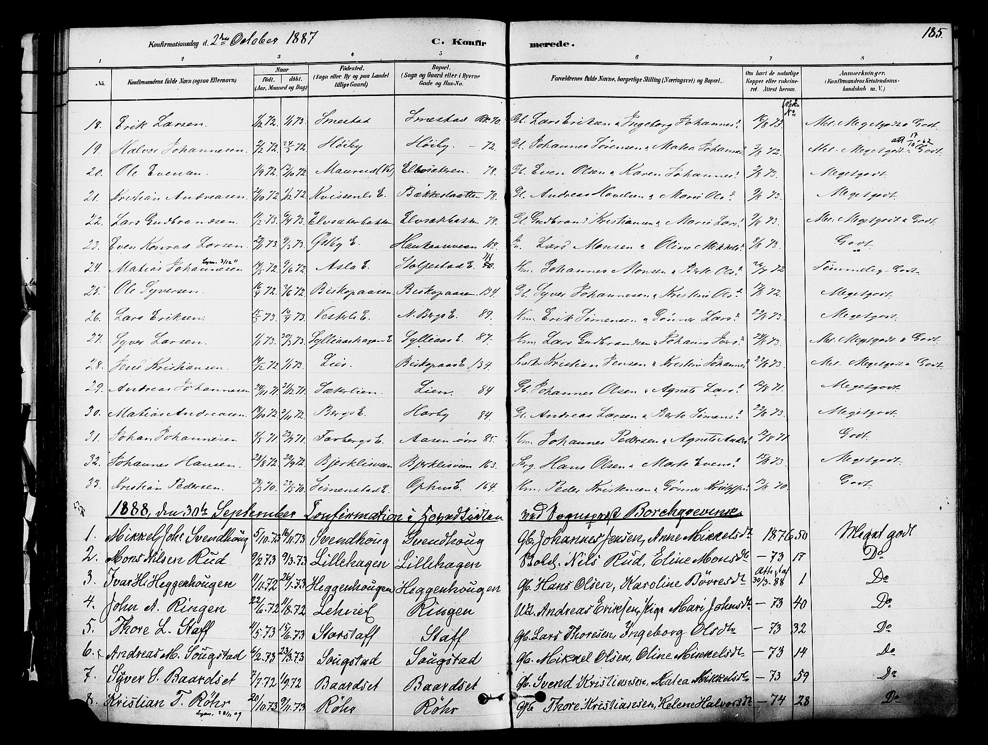 Ringsaker prestekontor, SAH/PREST-014/K/Ka/L0012: Parish register (official) no. 12, 1879-1890, p. 185