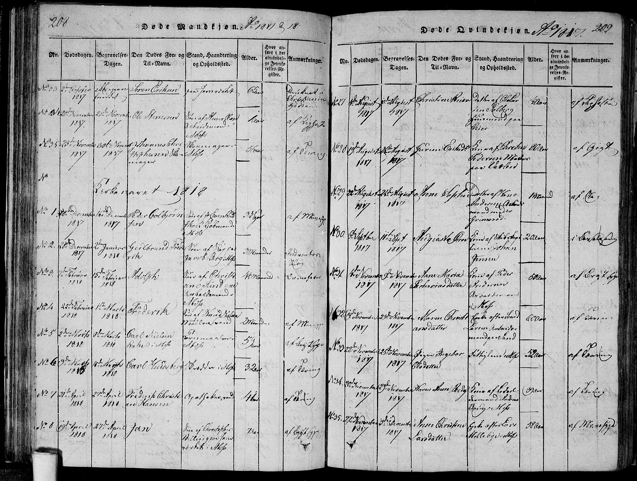 Moss prestekontor Kirkebøker, SAO/A-2003/F/Fa/L0005: Parish register (official) no. I 5, 1814-1828, p. 208-209