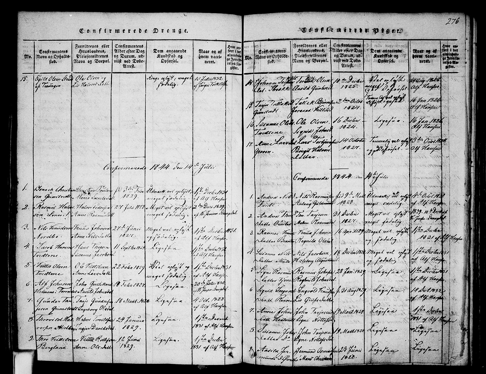 Nissedal kirkebøker, SAKO/A-288/F/Fa/L0002: Parish register (official) no. I 2, 1814-1845, p. 276