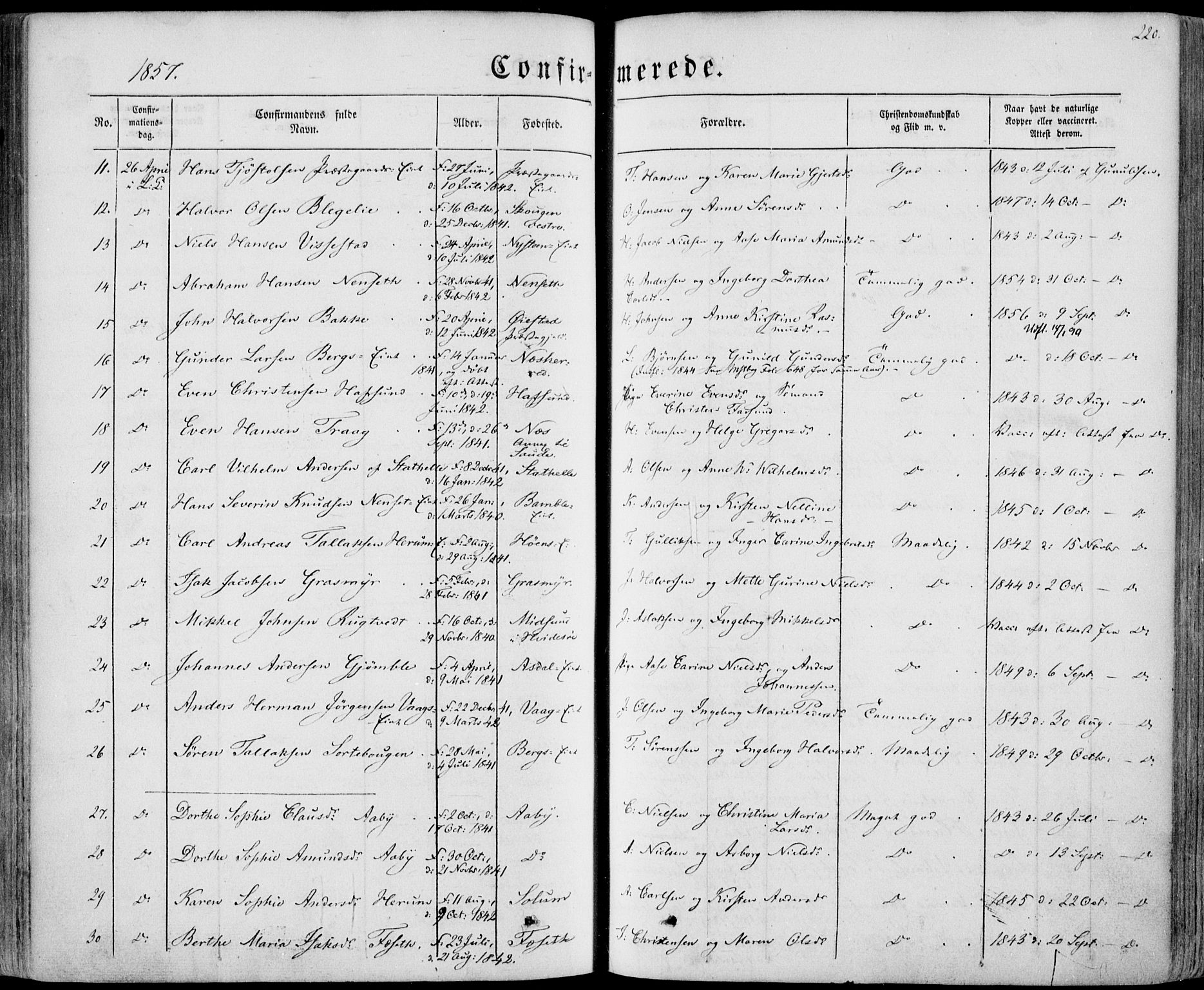 Bamble kirkebøker, SAKO/A-253/F/Fa/L0005: Parish register (official) no. I 5, 1854-1869, p. 220
