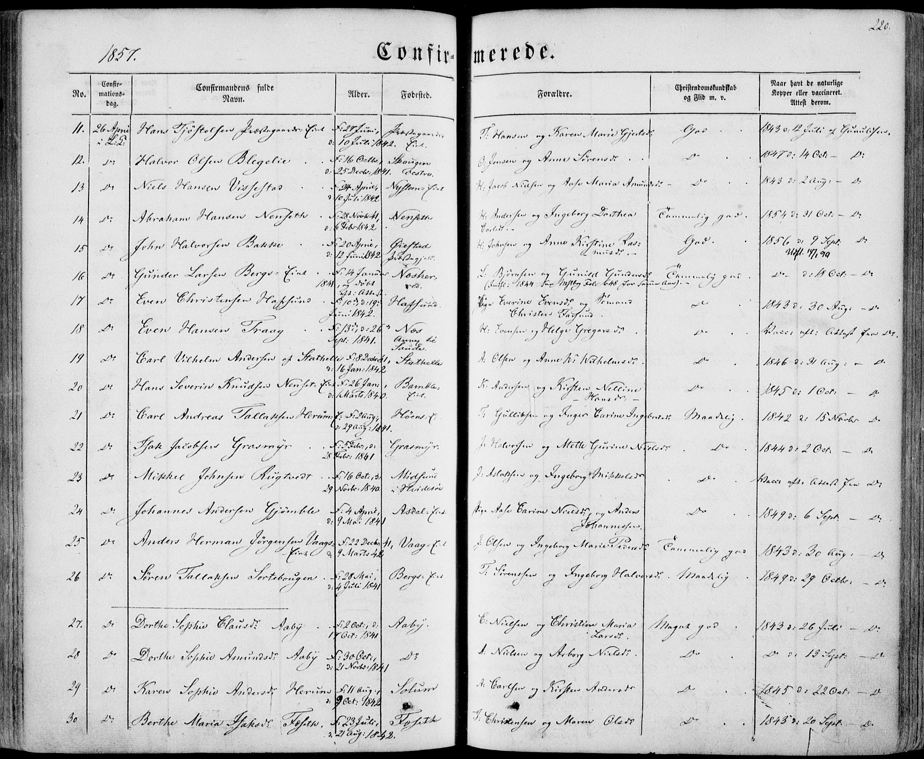 Bamble kirkebøker, AV/SAKO-A-253/F/Fa/L0005: Parish register (official) no. I 5, 1854-1869, p. 220