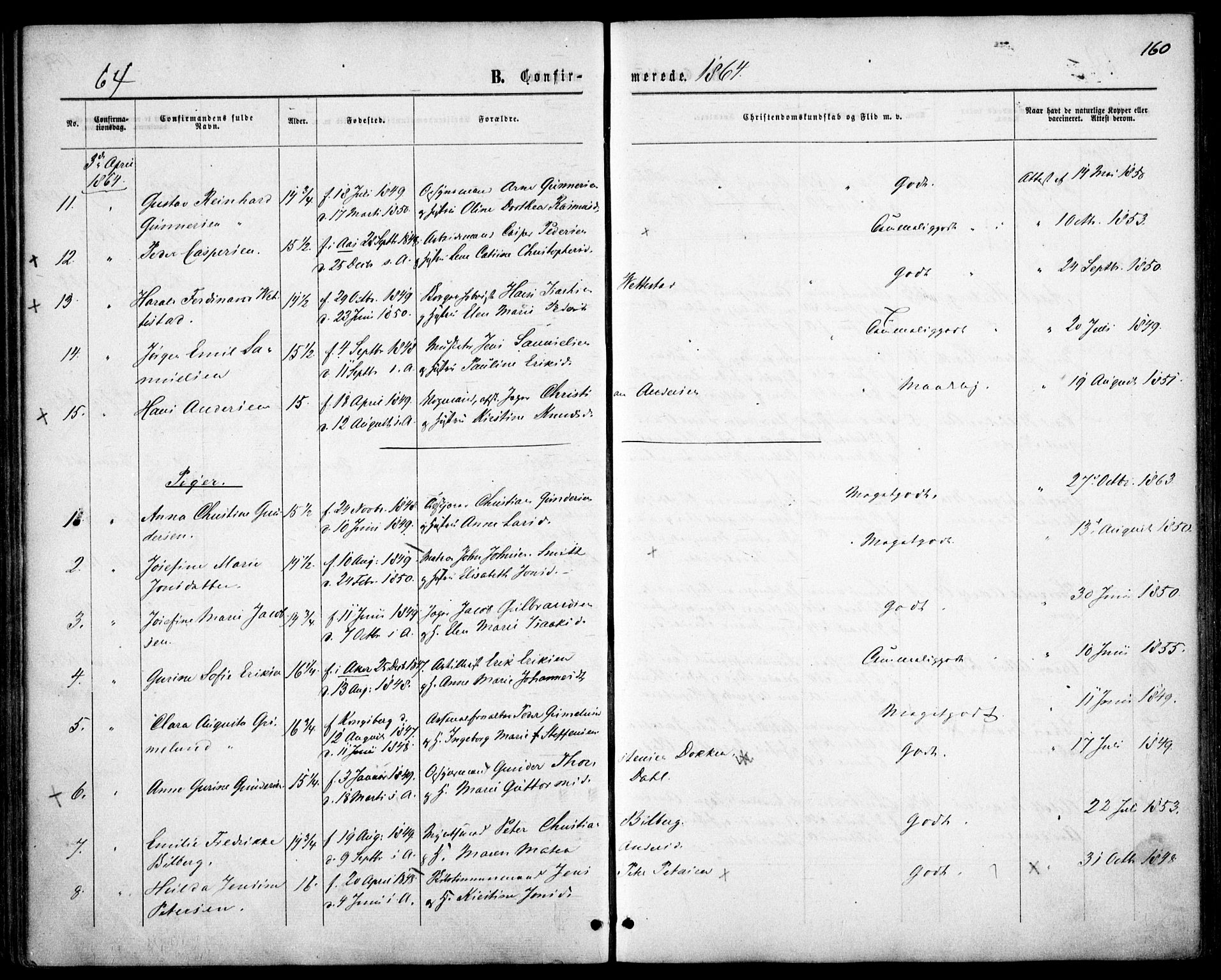 Garnisonsmenigheten Kirkebøker, AV/SAO-A-10846/F/Fa/L0010: Parish register (official) no. 10, 1859-1869, p. 160