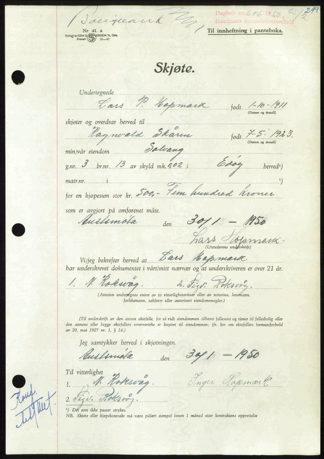 Nordmøre sorenskriveri, AV/SAT-A-4132/1/2/2Ca: Mortgage book no. A114, 1950-1950, Diary no: : 646/1950