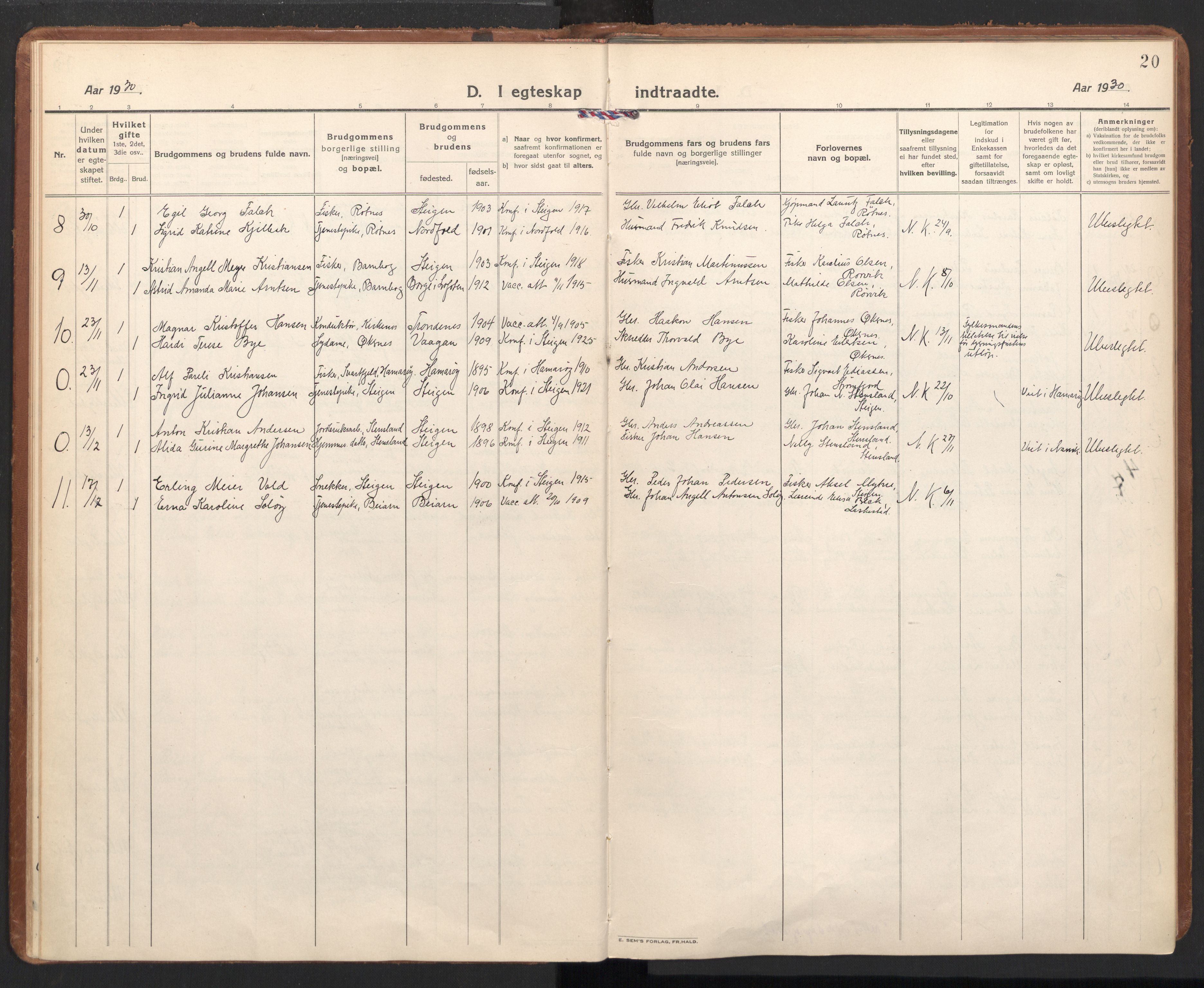 Ministerialprotokoller, klokkerbøker og fødselsregistre - Nordland, SAT/A-1459/855/L0809: Parish register (official) no. 855A18, 1921-1939, p. 20