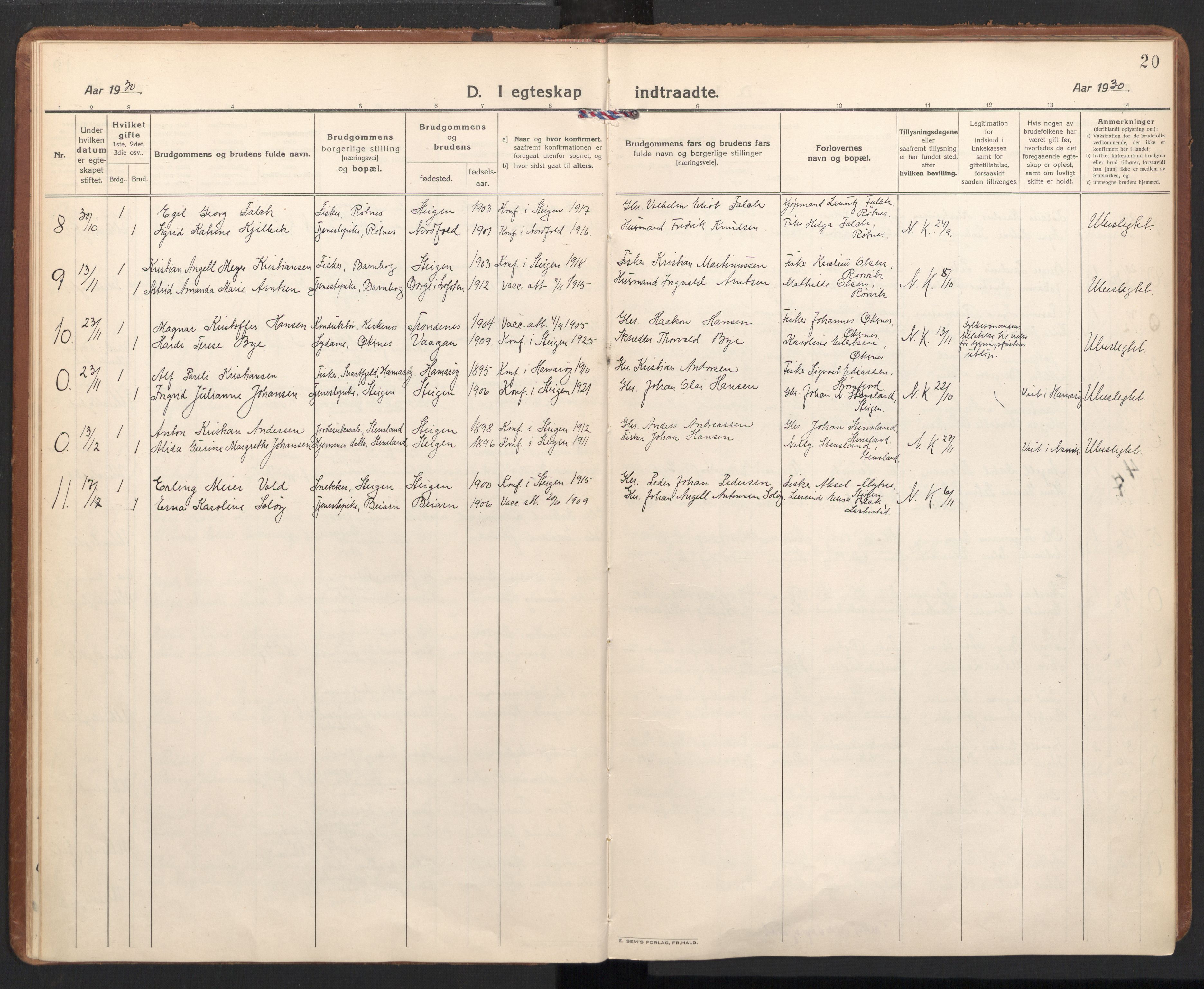 Ministerialprotokoller, klokkerbøker og fødselsregistre - Nordland, AV/SAT-A-1459/855/L0809: Parish register (official) no. 855A18, 1921-1939, p. 20