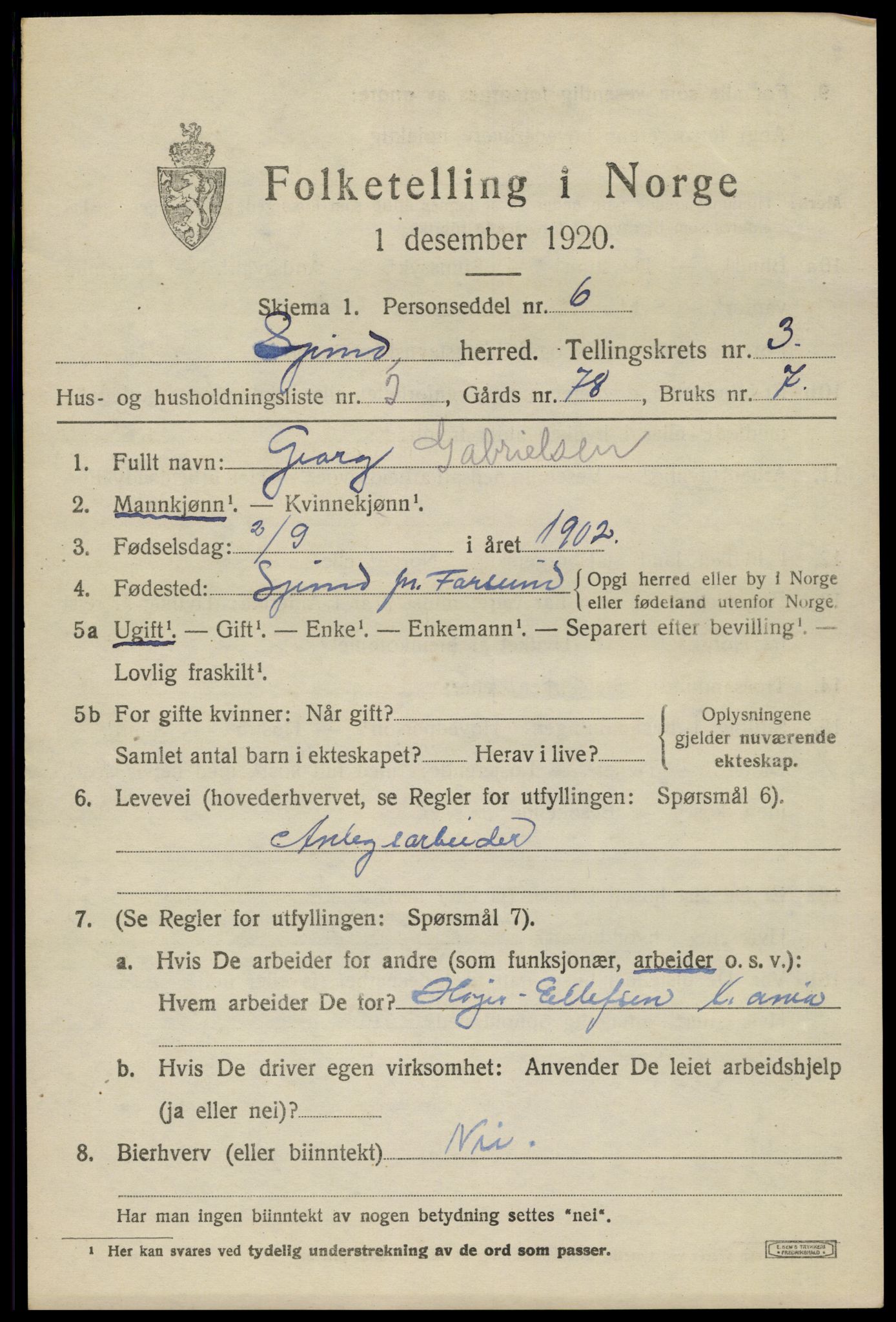 SAK, 1920 census for Spind, 1920, p. 1671