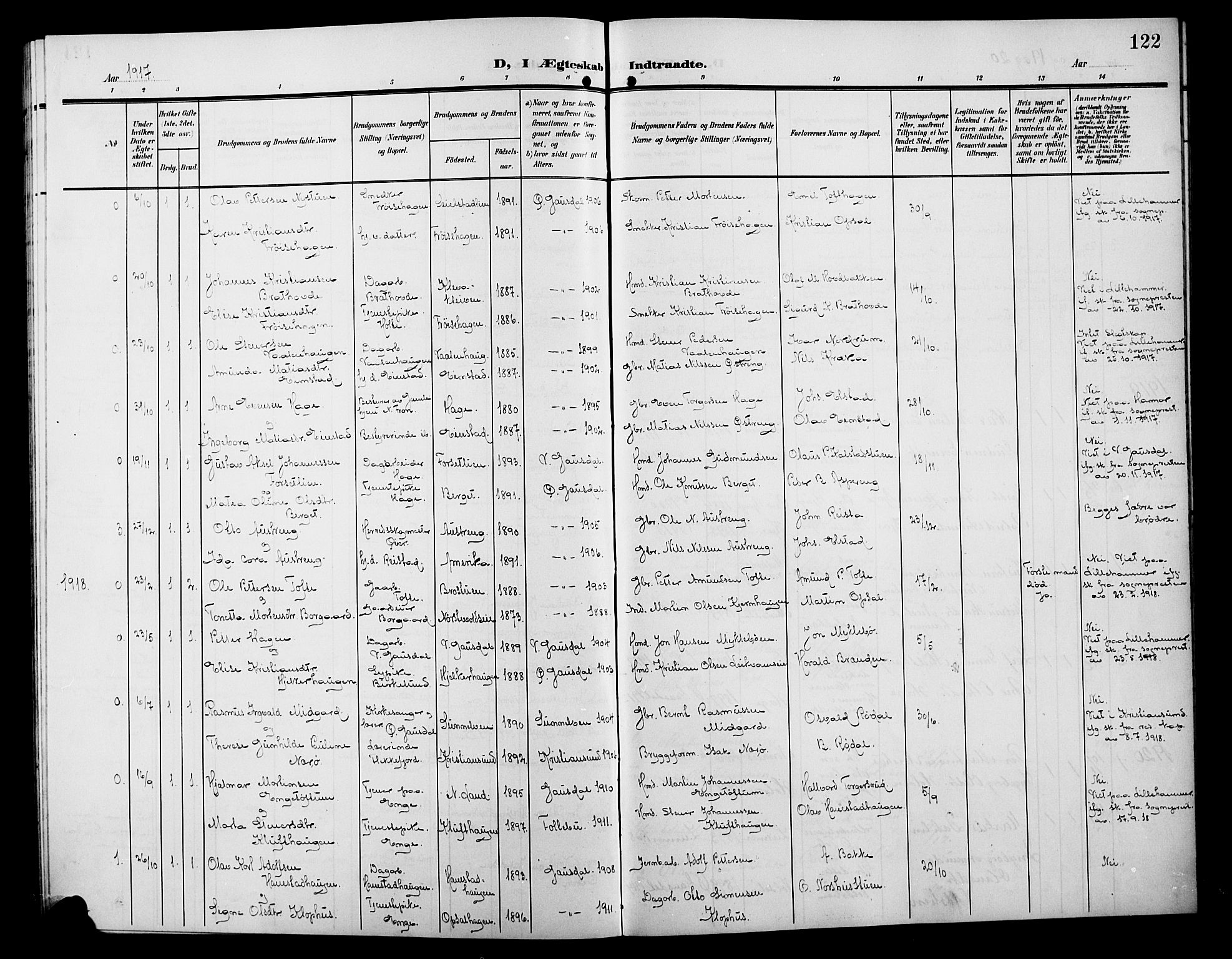 Østre Gausdal prestekontor, AV/SAH-PREST-092/H/Ha/Hab/L0004: Parish register (copy) no. 4, 1905-1923, p. 122