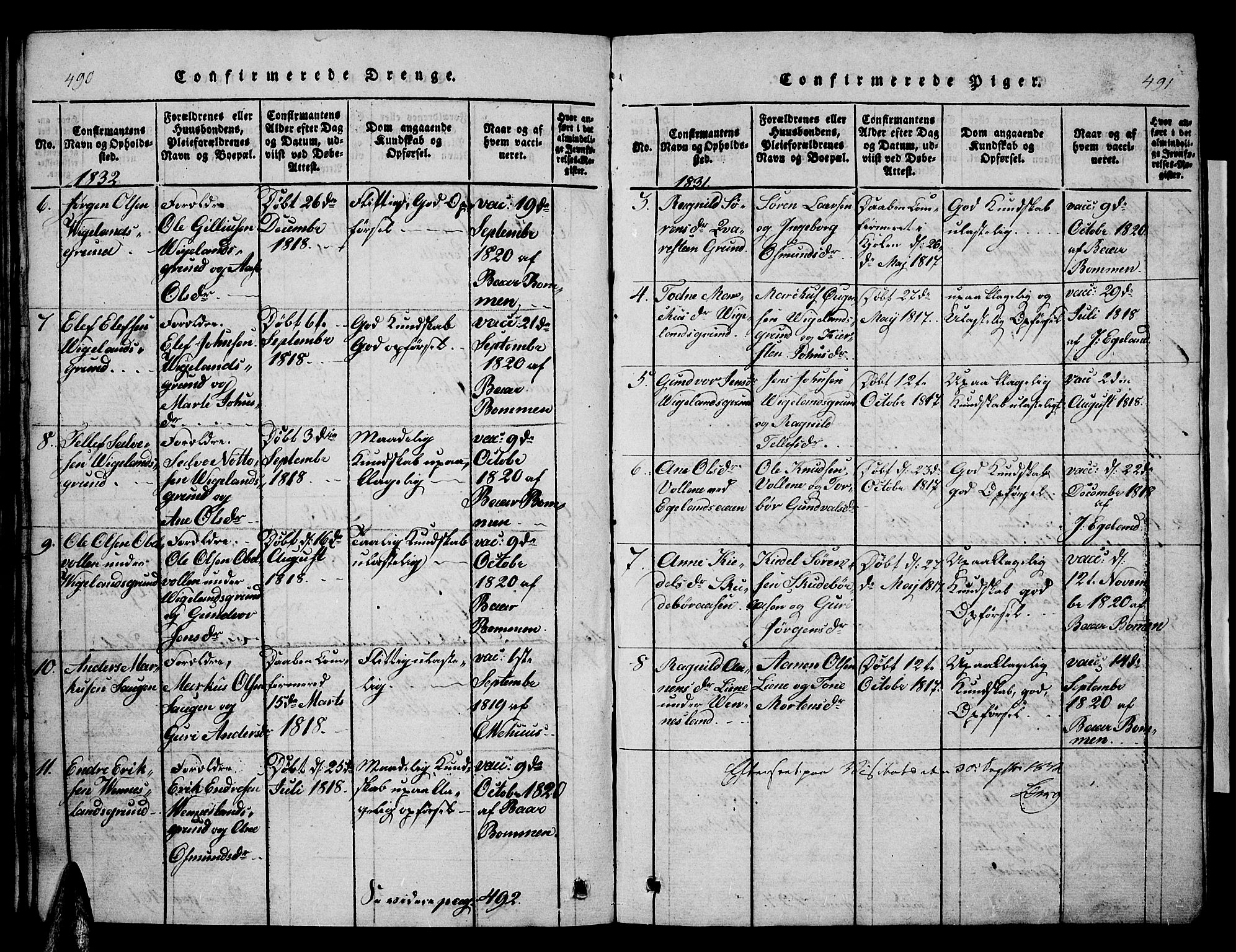 Vennesla sokneprestkontor, AV/SAK-1111-0045/Fb/Fbb/L0001: Parish register (copy) no. B 1, 1820-1834, p. 490-491