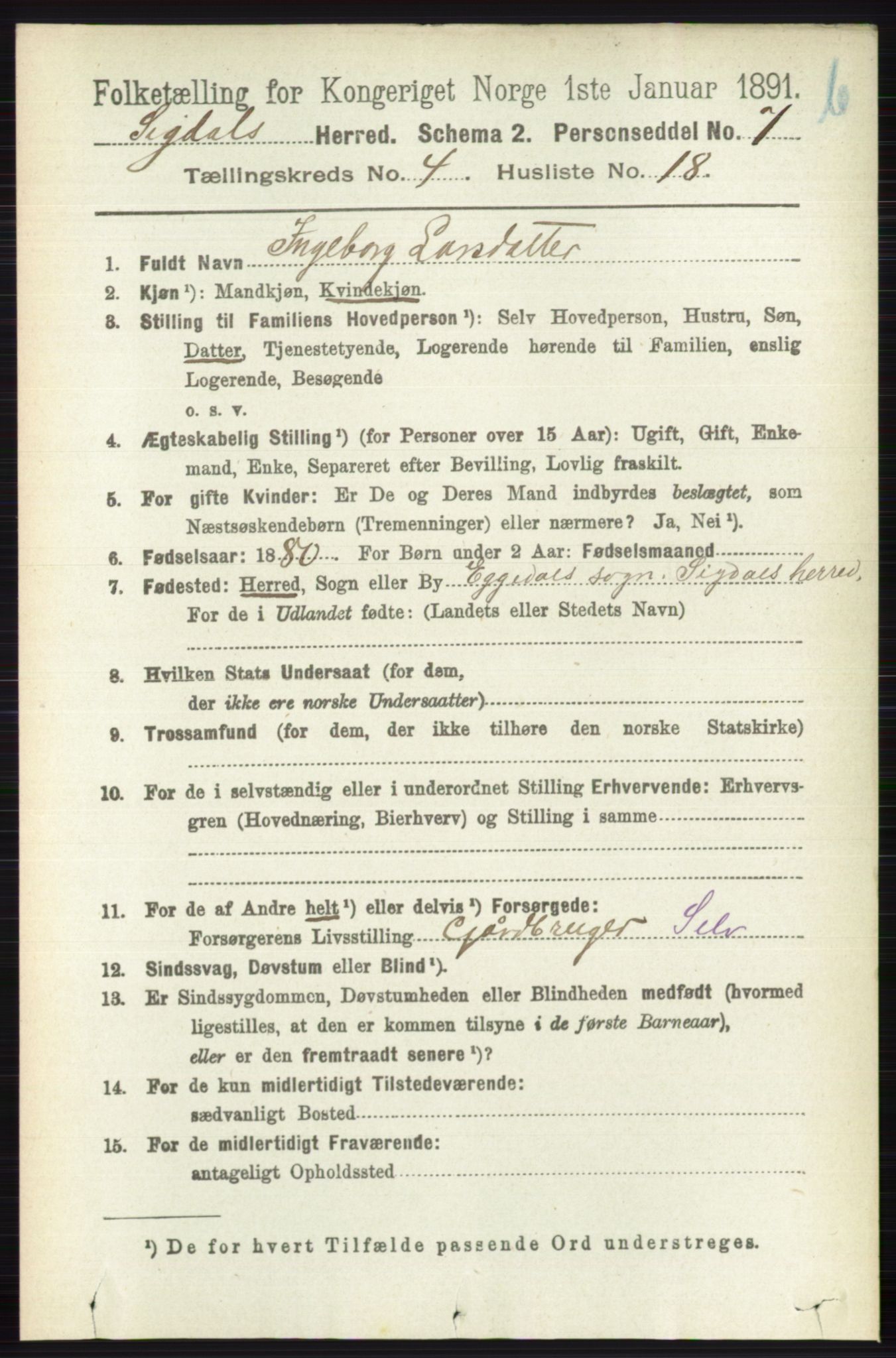 RA, 1891 census for 0621 Sigdal, 1891, p. 4783