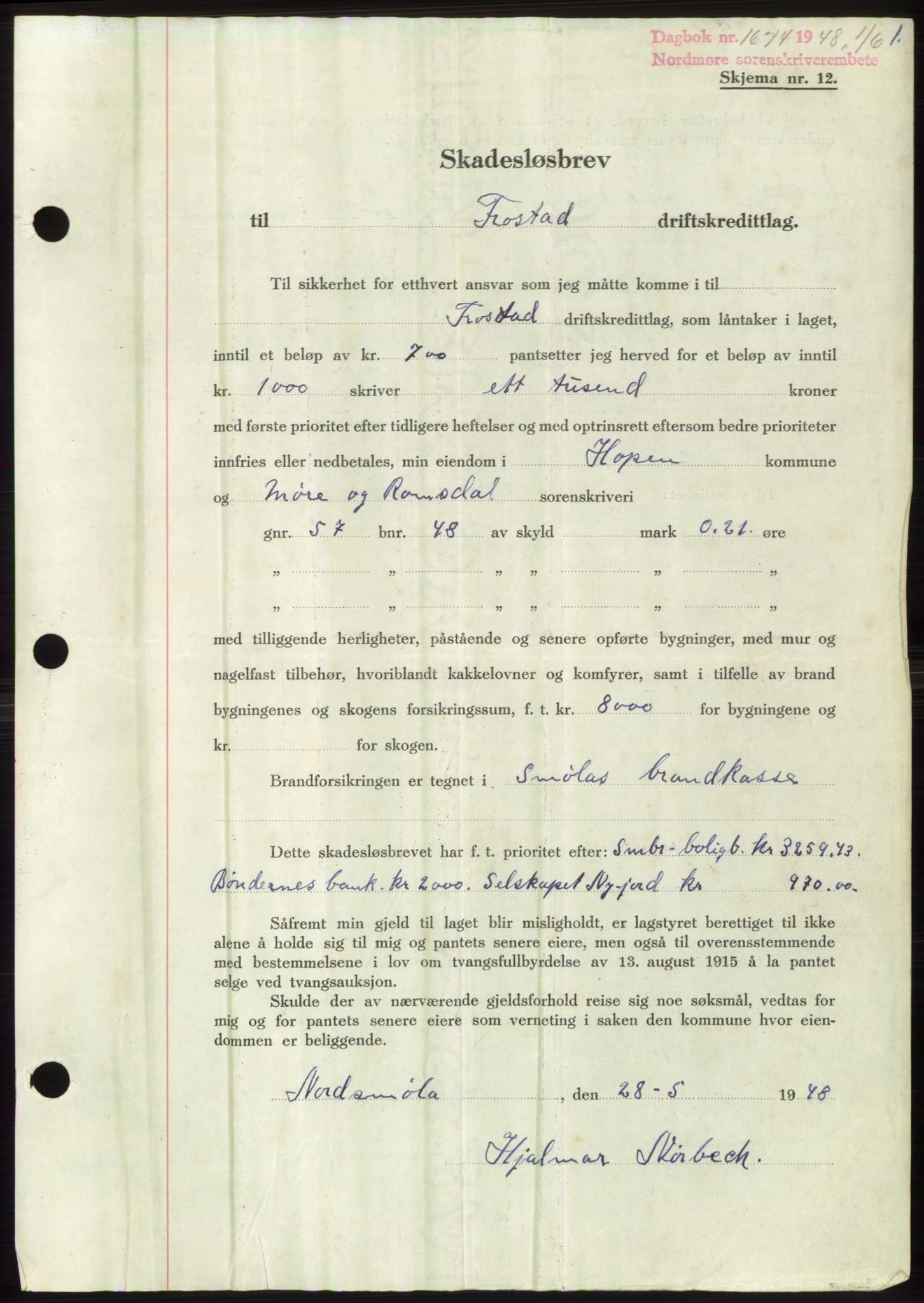 Nordmøre sorenskriveri, AV/SAT-A-4132/1/2/2Ca: Mortgage book no. B99, 1948-1948, Diary no: : 1674/1948